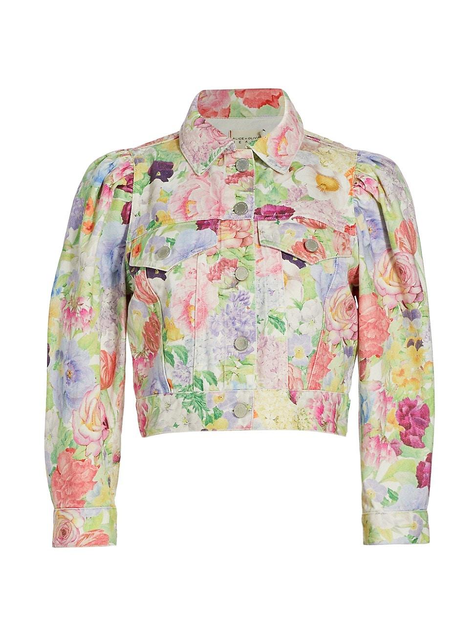 Alice + Olivia Lana Floral Puffed Sleeve Denim Jacket in White | Lyst
