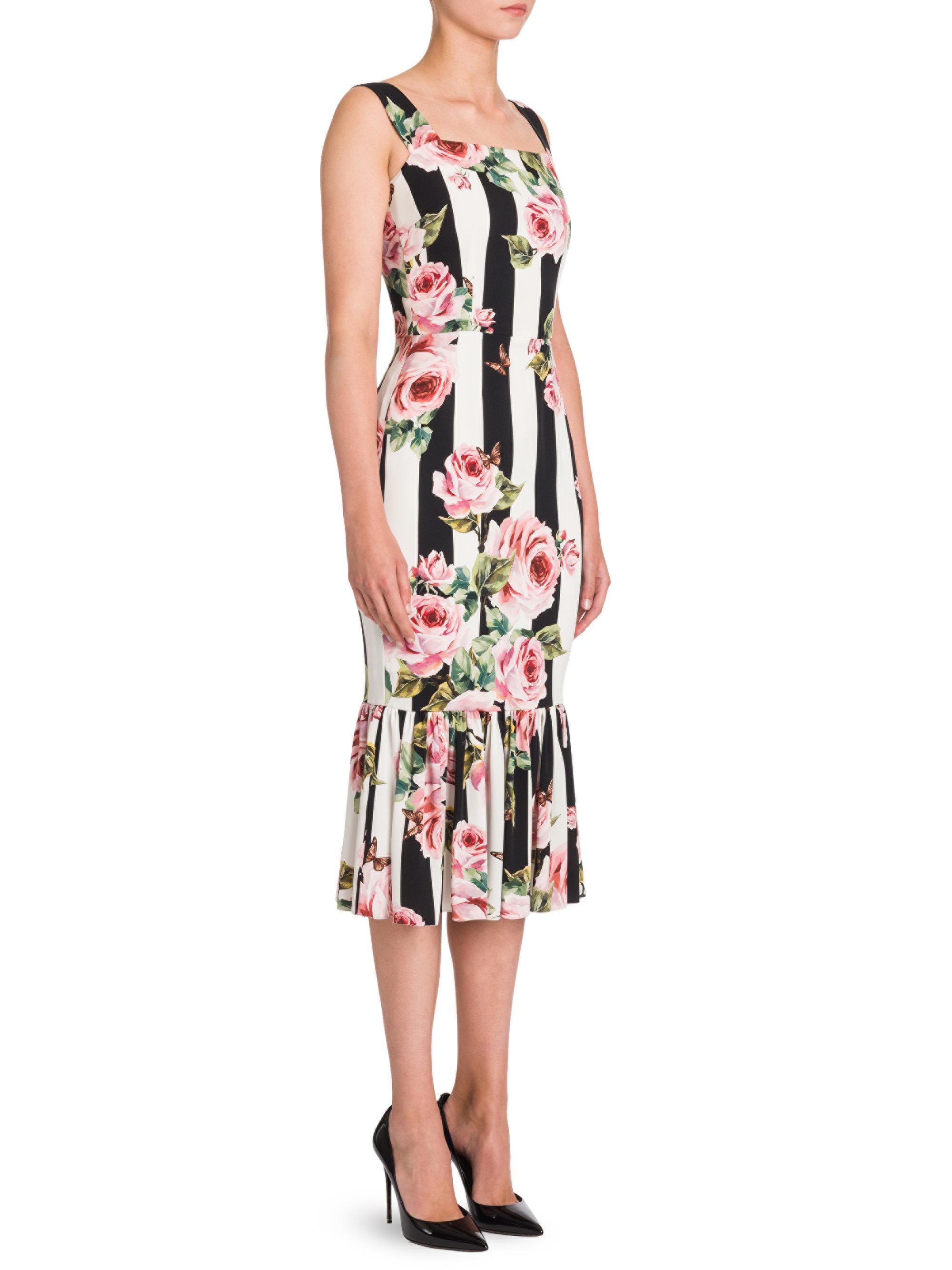 Dolce & Gabbana Rose-print Striped Dress | Lyst