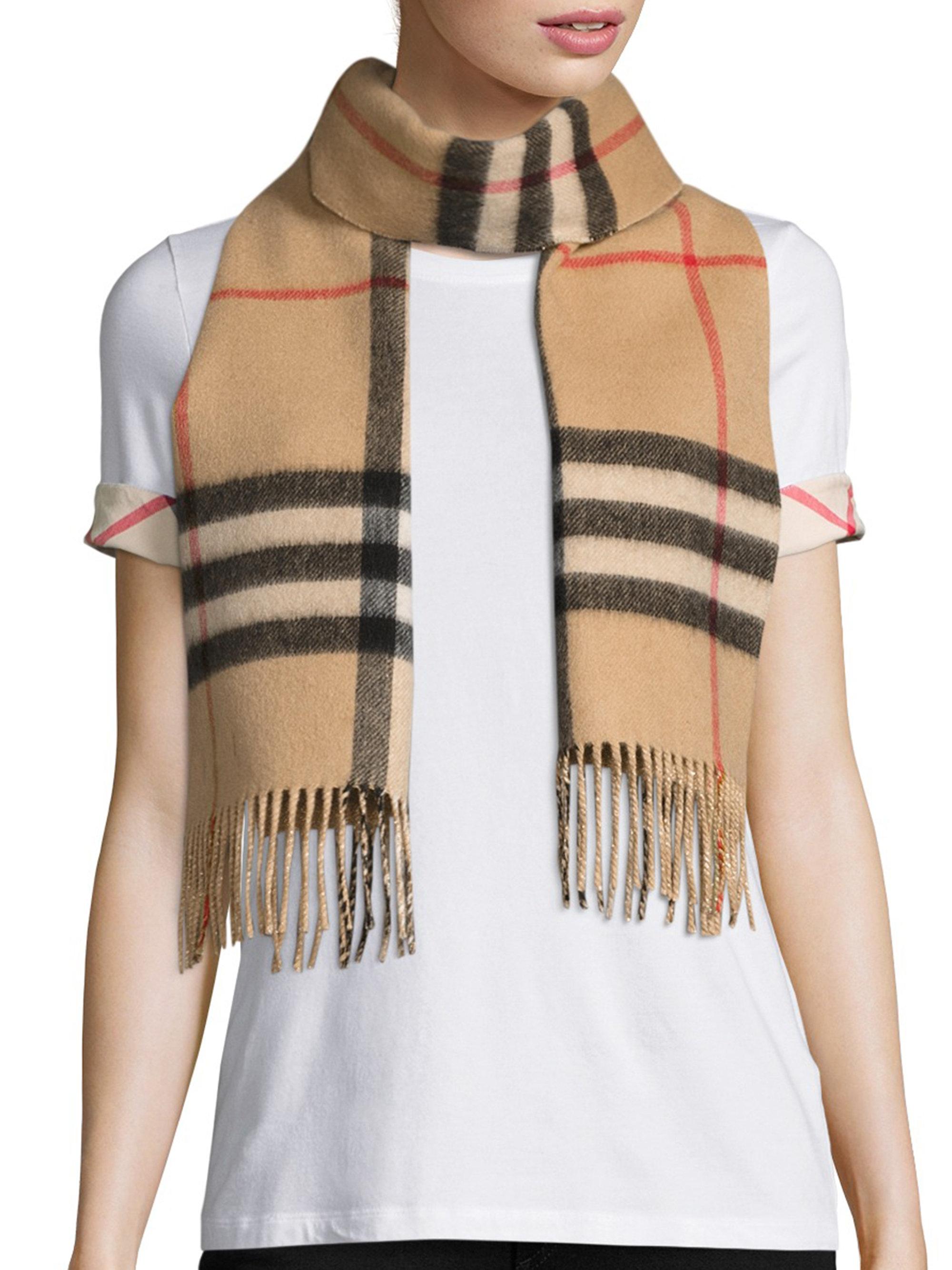 Burberry Reversible Metallic Check Cashmere Scarf In Camel Natural Lyst