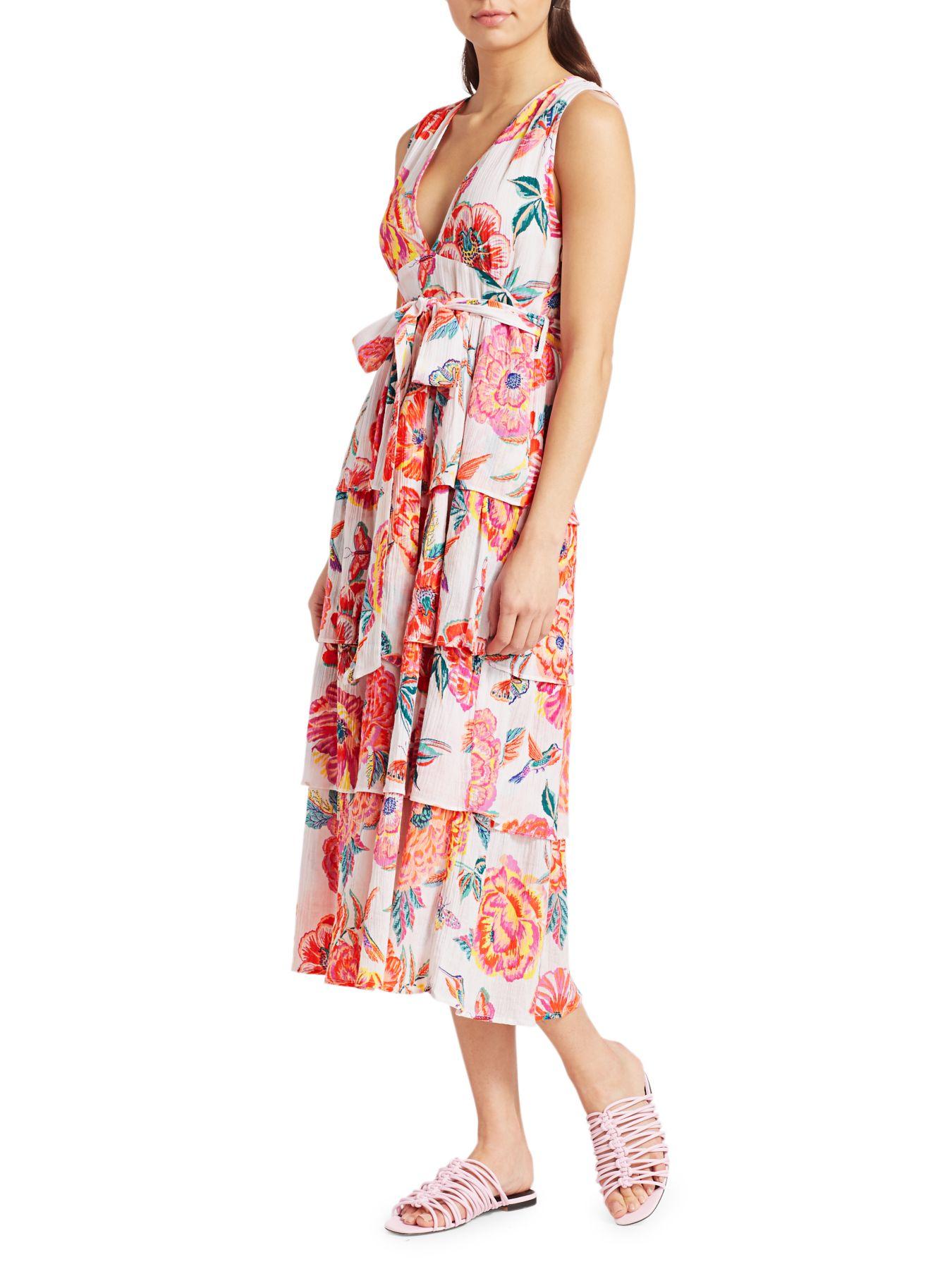 brand: Banjanan Cotton Eliza Floral Tier-skirt Tie-waist Midi Dress in ...