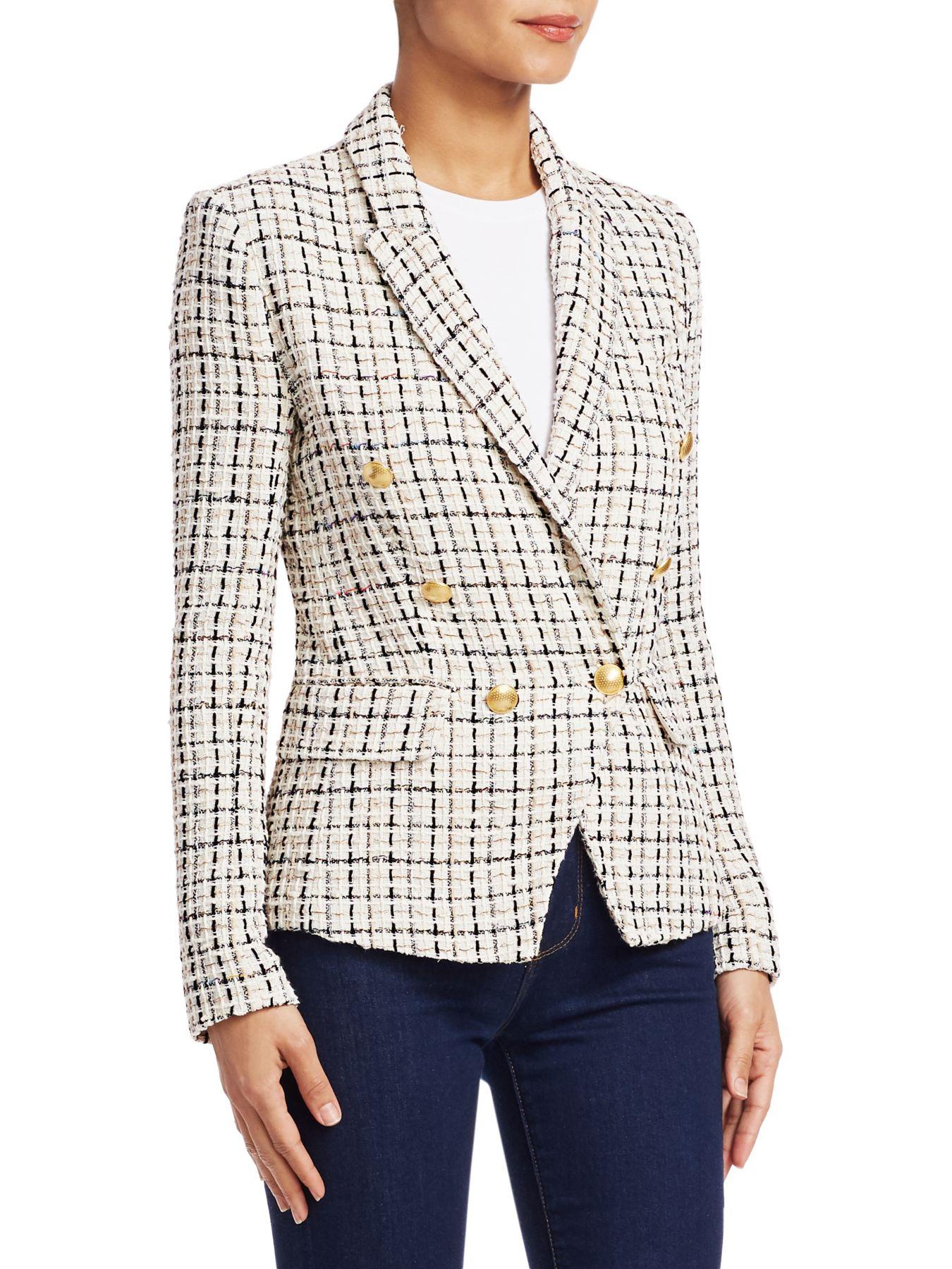 L'Agence Kenzie Double-breasted Tweed Blazer in White Pattern (White ...