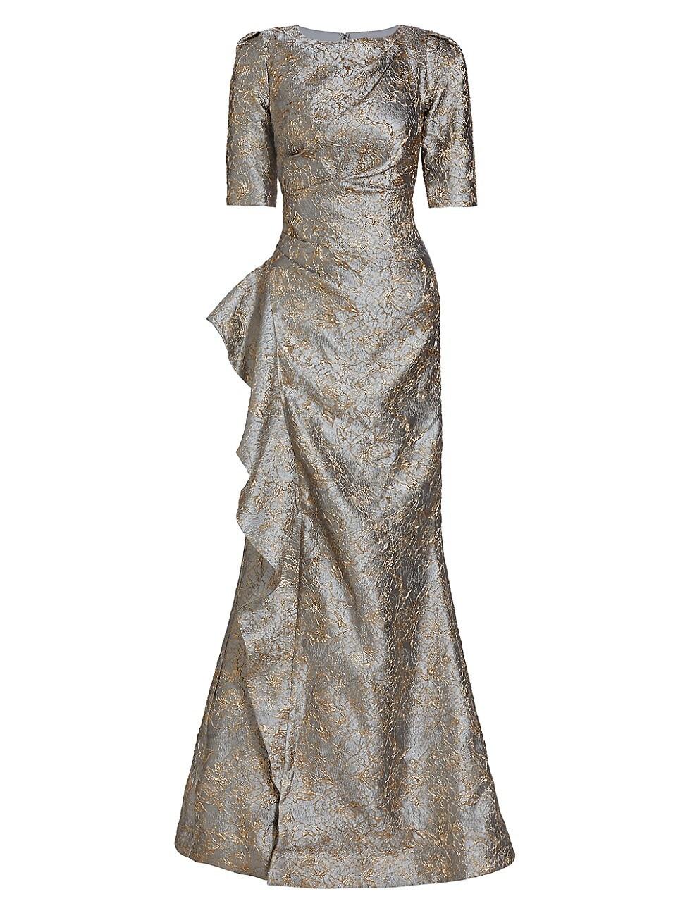 Teri Jon Draped Metallic Jacquard Gown in Gray | Lyst