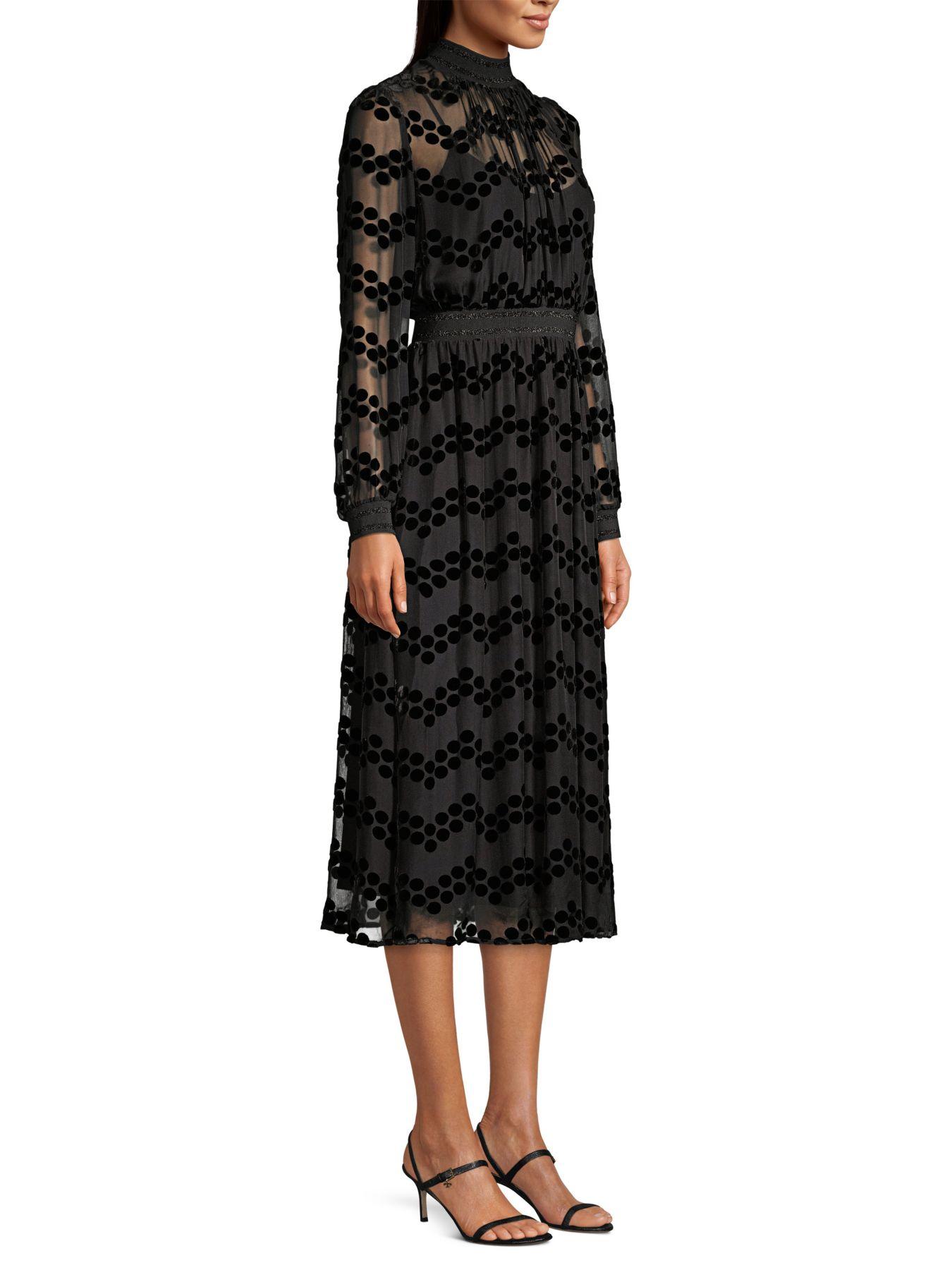 Tory Burch Velvet Dot Mockneck Longsleeve Devore Burnout Midi Dress