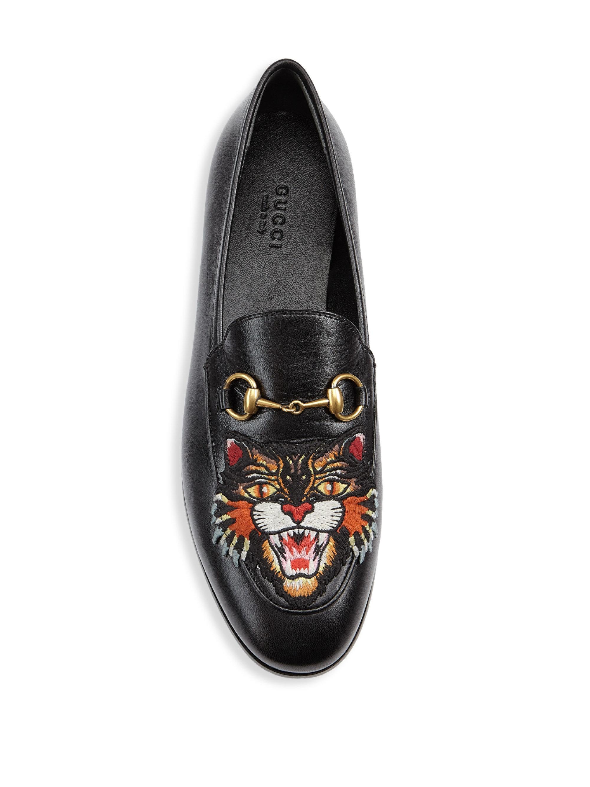 Gucci Jordaan Leather Loafers With Angry Cat in Black | Lyst