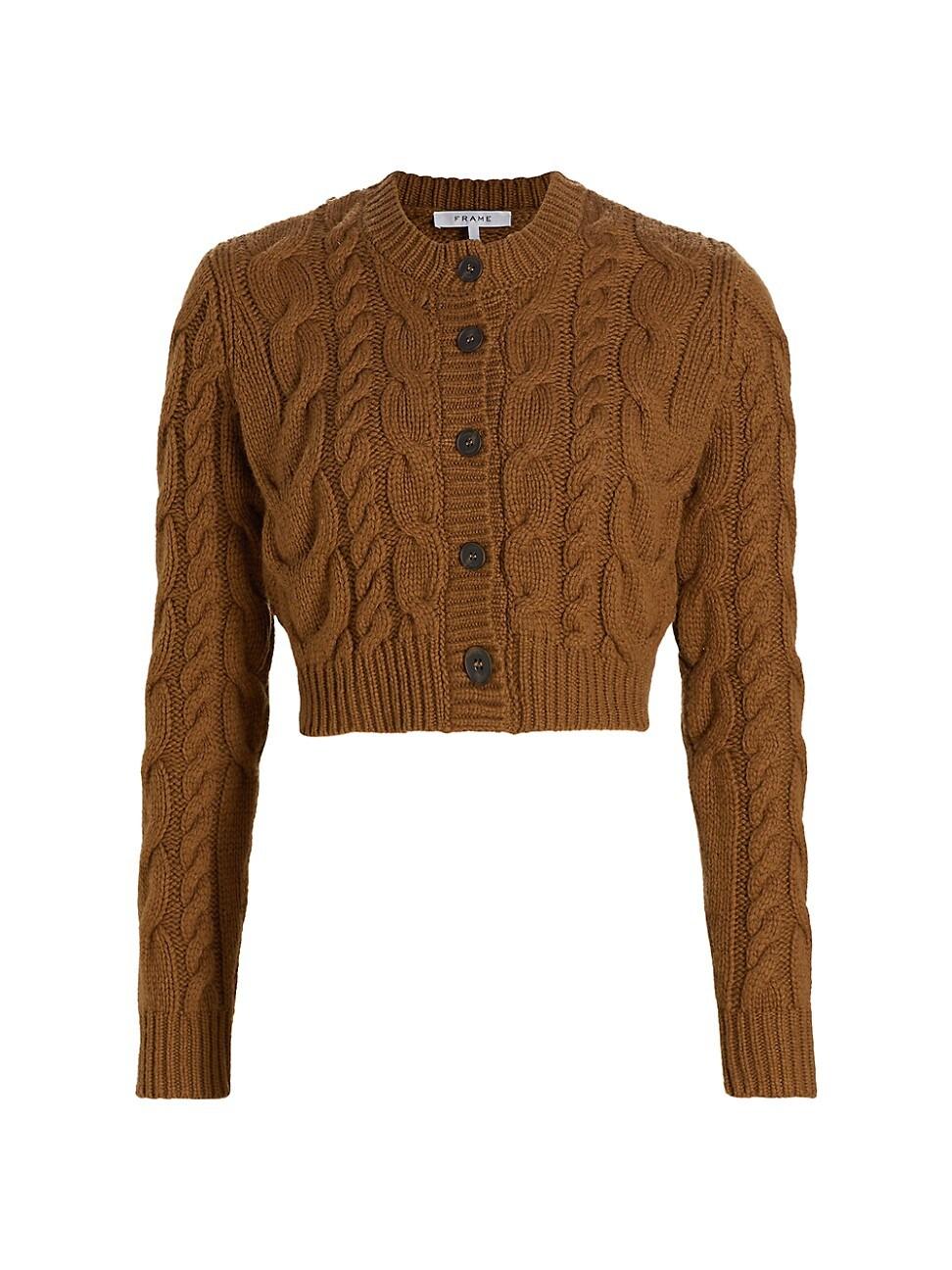 FRAME Merino Wool Cableknit Cropped Cardigan in Brown Lyst