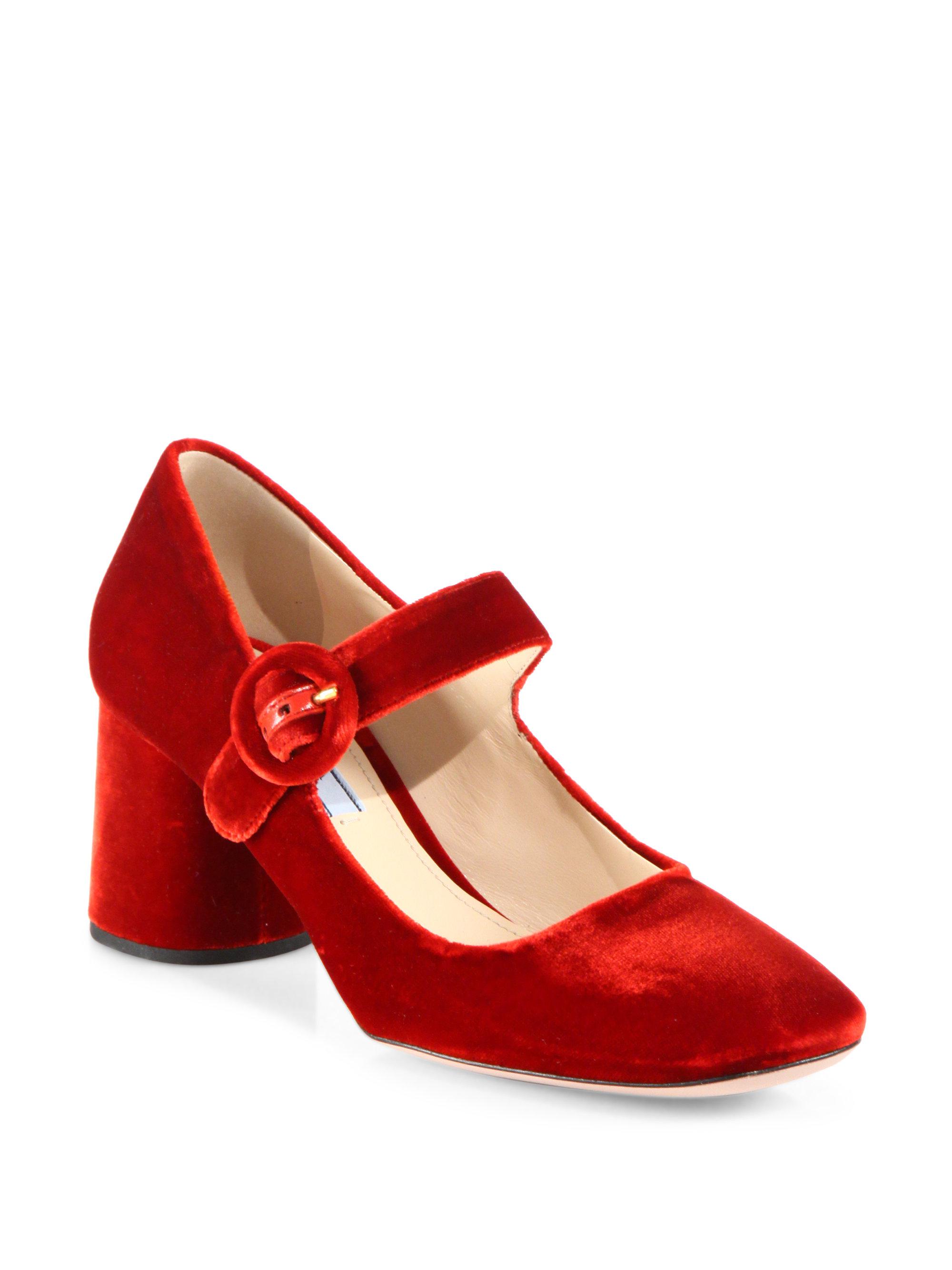 Prada Velvet Mary Jane Block Heel Pumps in Red | Lyst