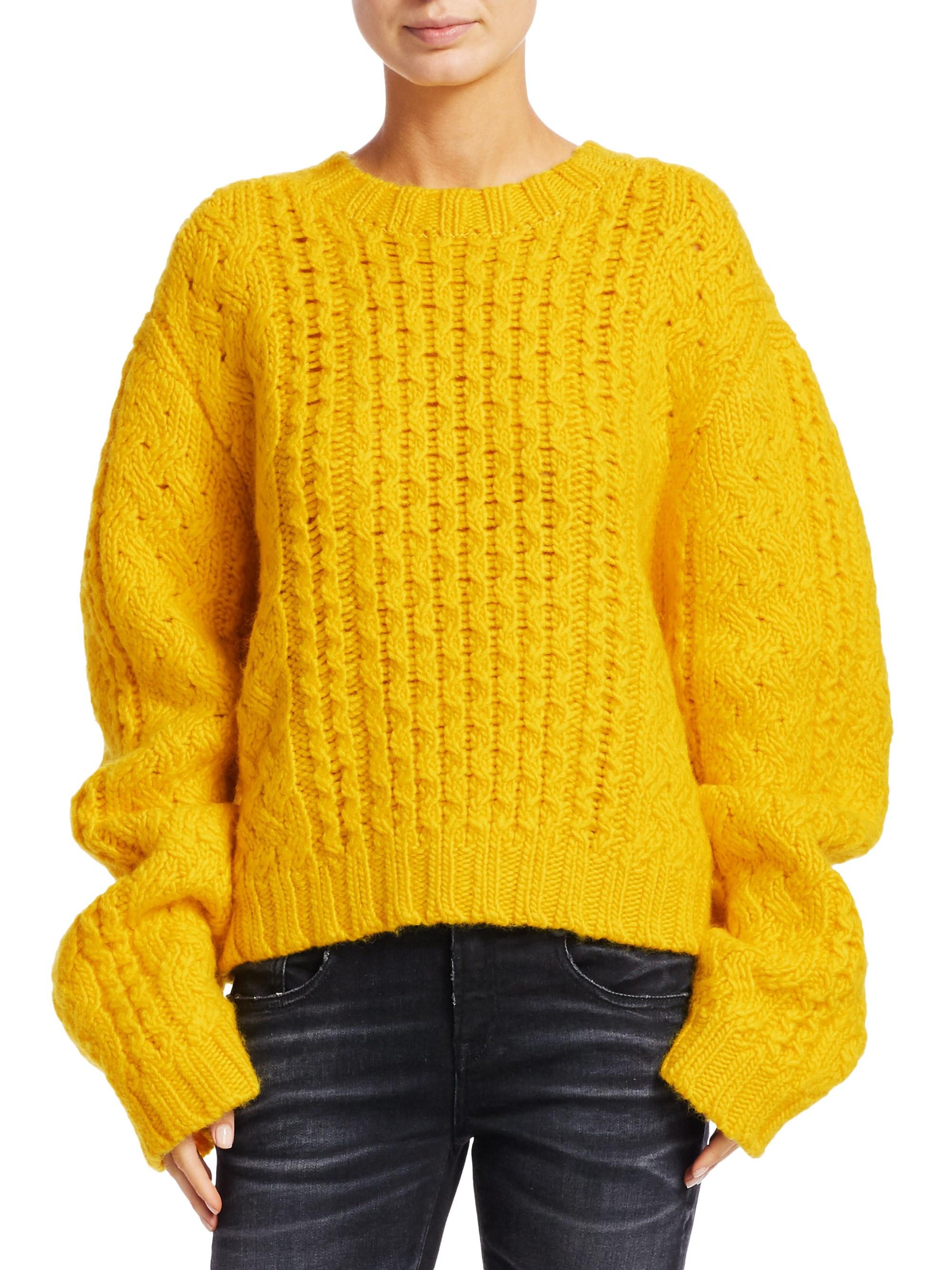 R13 Aran Cropped Wool Cable Knit Sweater in Yellow - Lyst