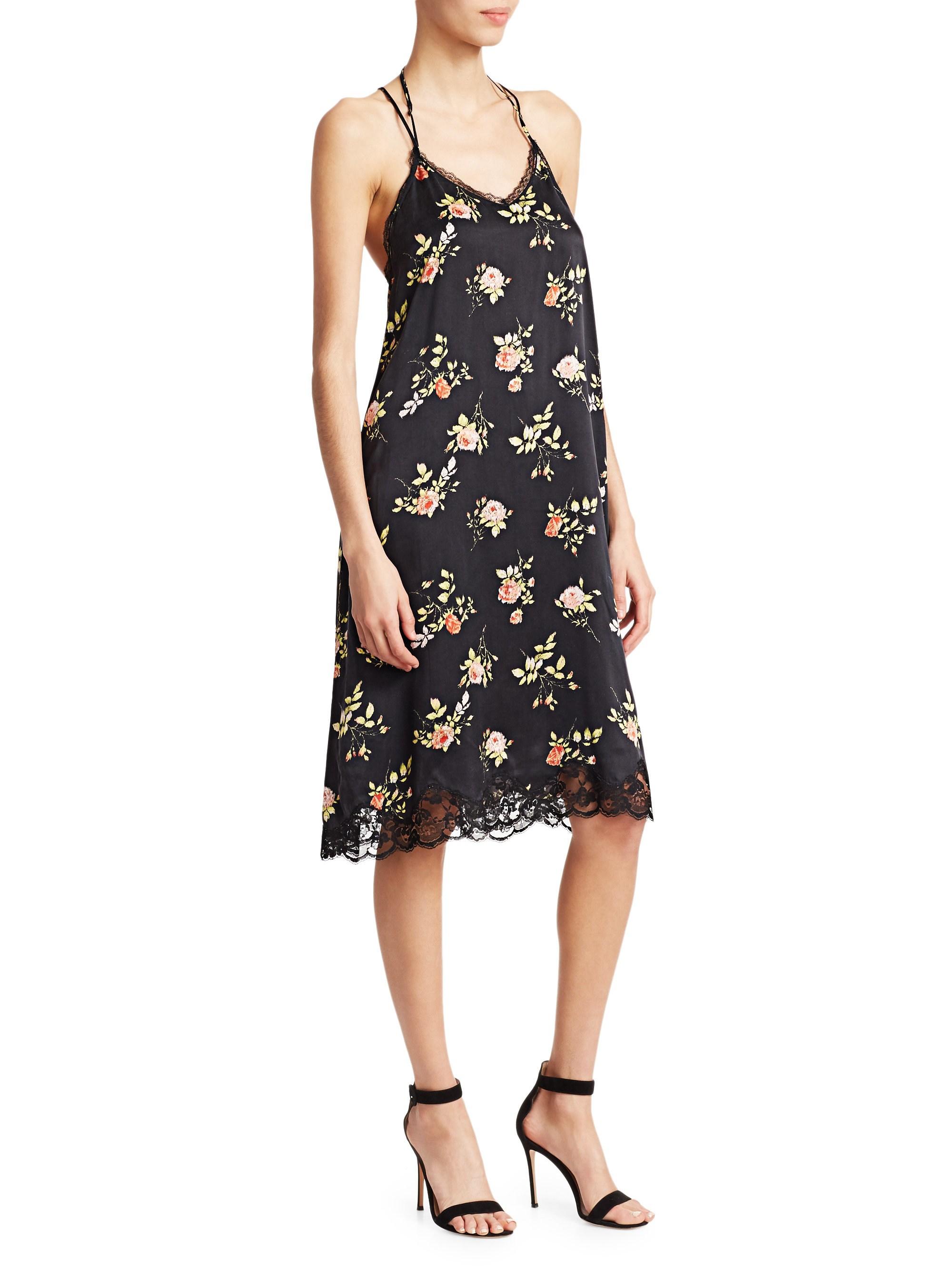 R13 Women's Floral Laceup Back Silk Slip Dress Black Floral in Black