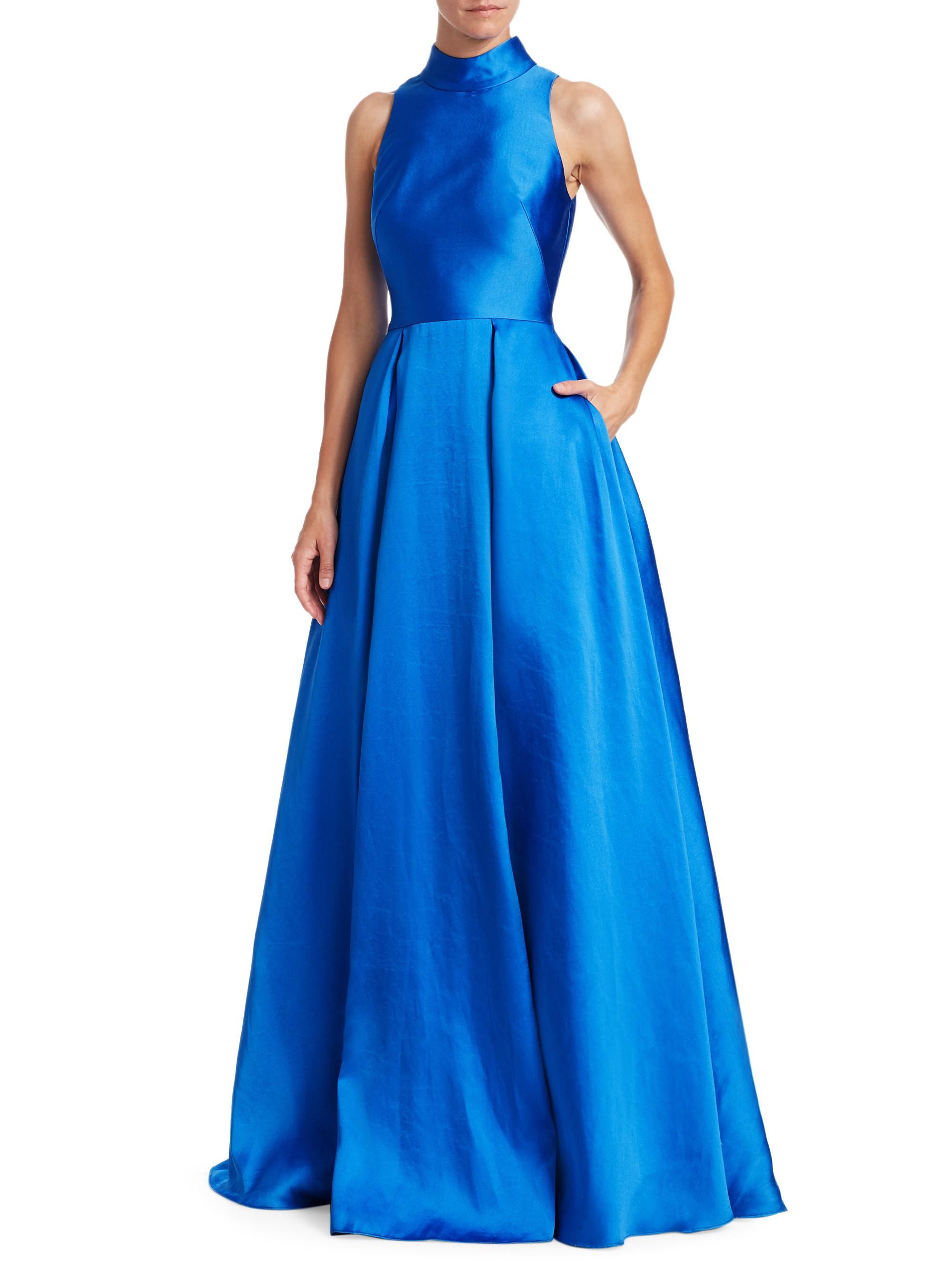 ML Monique Lhuillier Satin Collared Ball Gown in Cobalt Blue (Blue) - Lyst