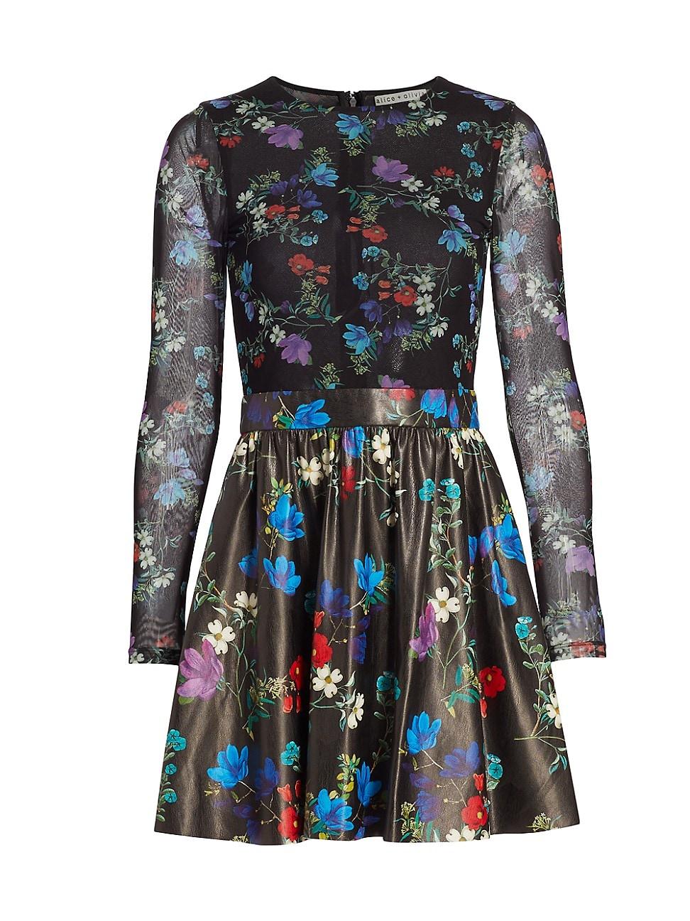 Alice + Olivia Chara Floralprint Mesh & Vegan Leather Minidress Lyst