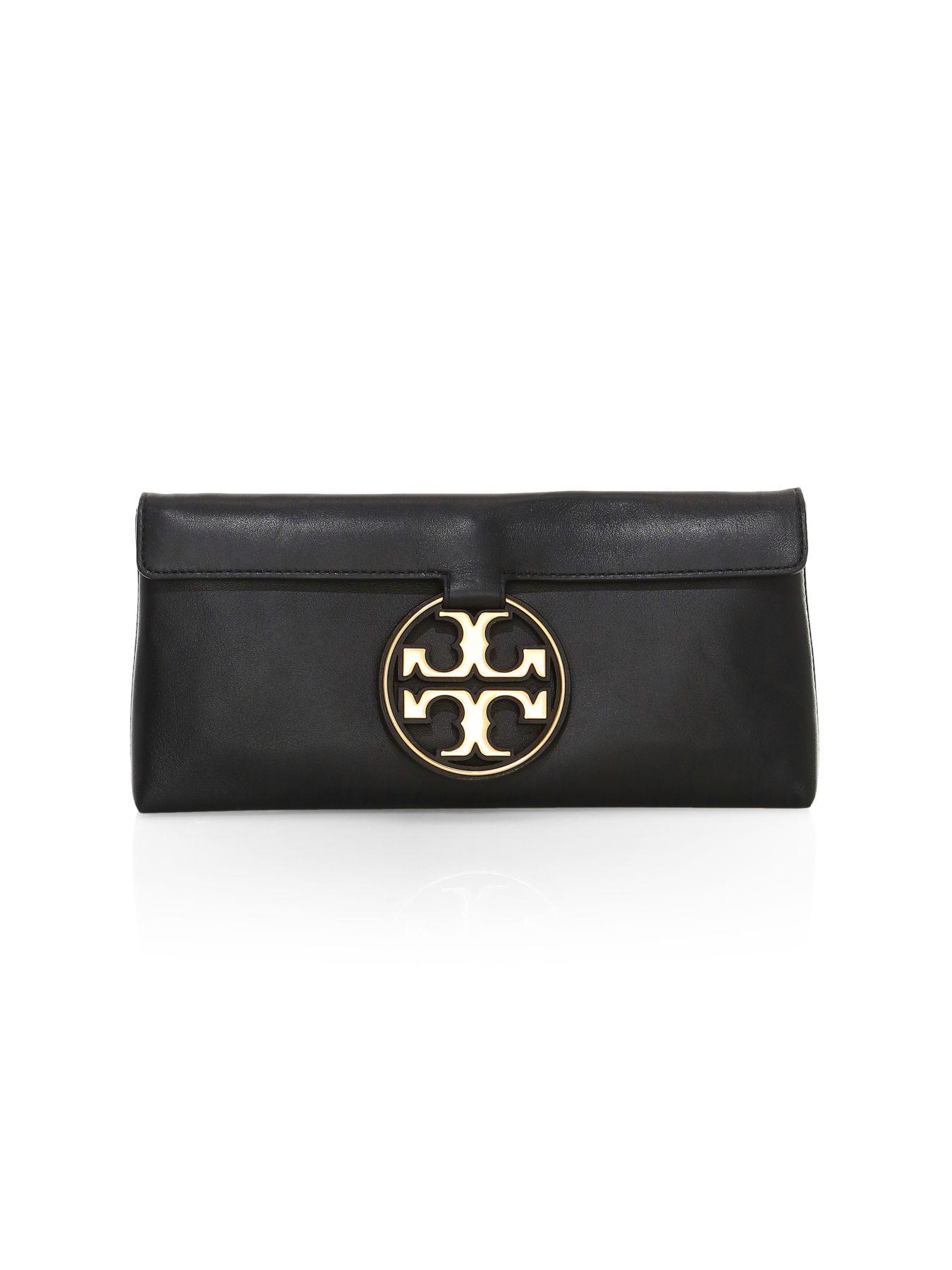 tory burch black leather clutch