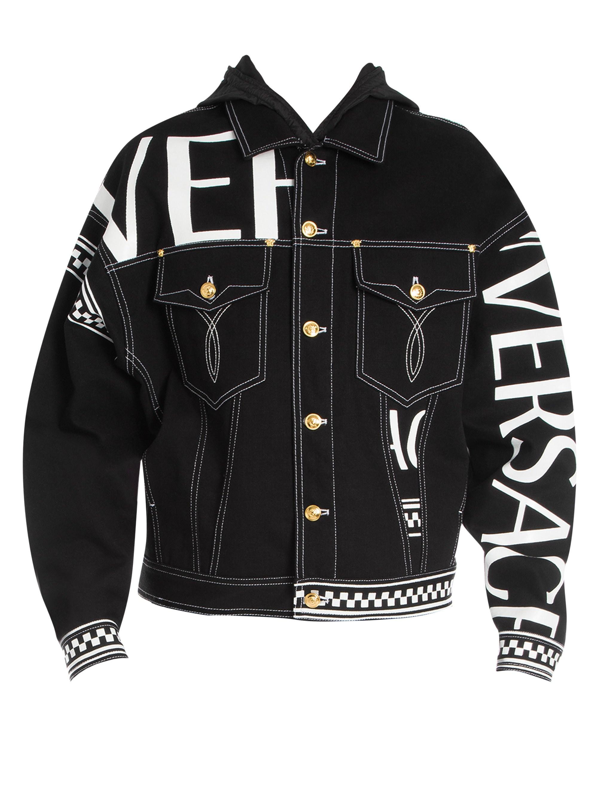 Versace Logo Check Print Denim Jacket in Black for Men - Lyst