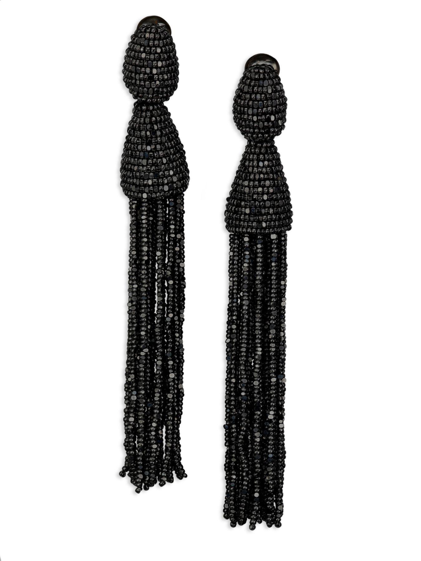 Oscar de la Renta Long Beaded Tassel Clipon Earrings in Black Lyst