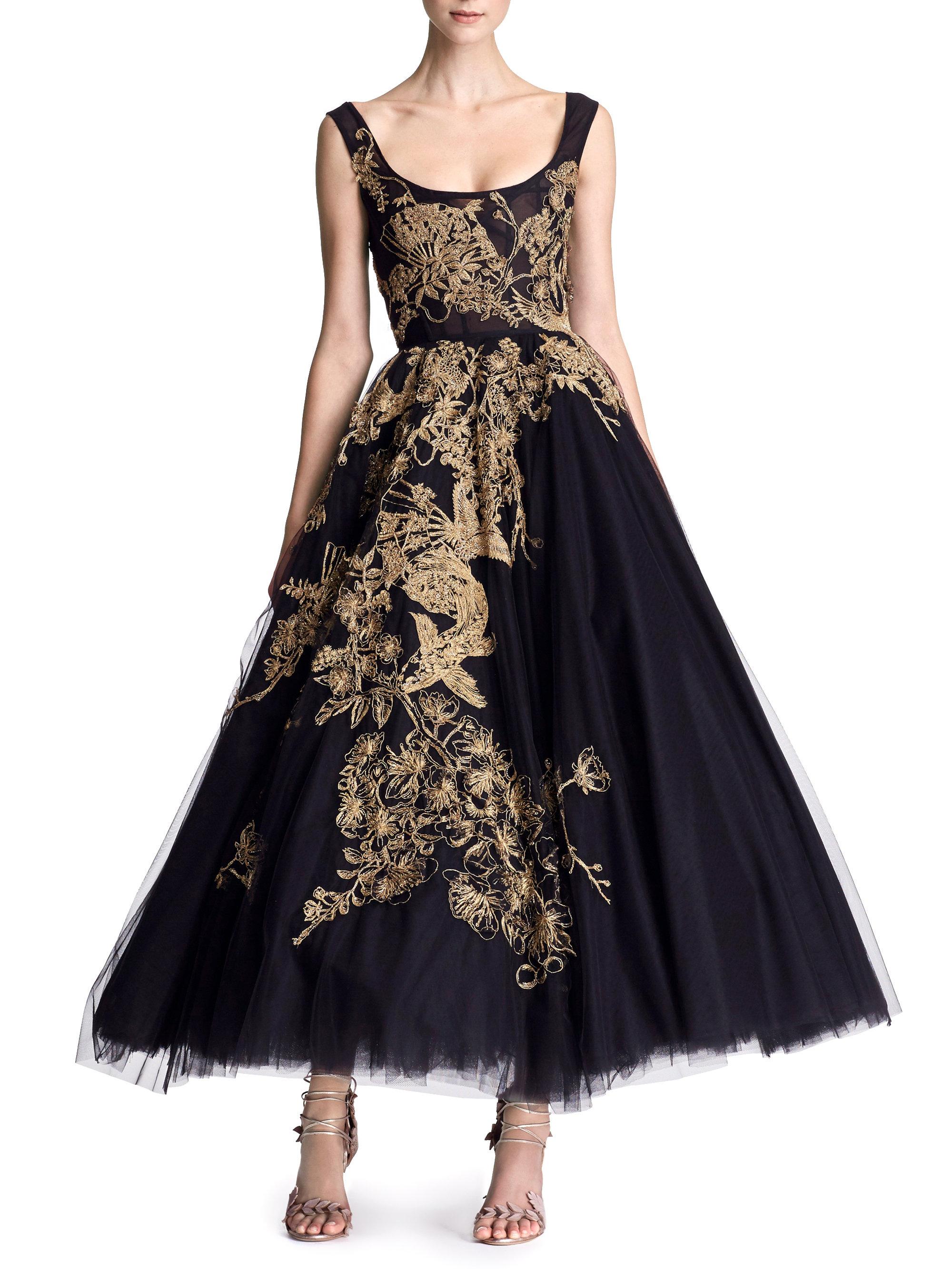 Marchesa Embroidered Tulle Tea-length Gown in Black Gold (Black) - Lyst