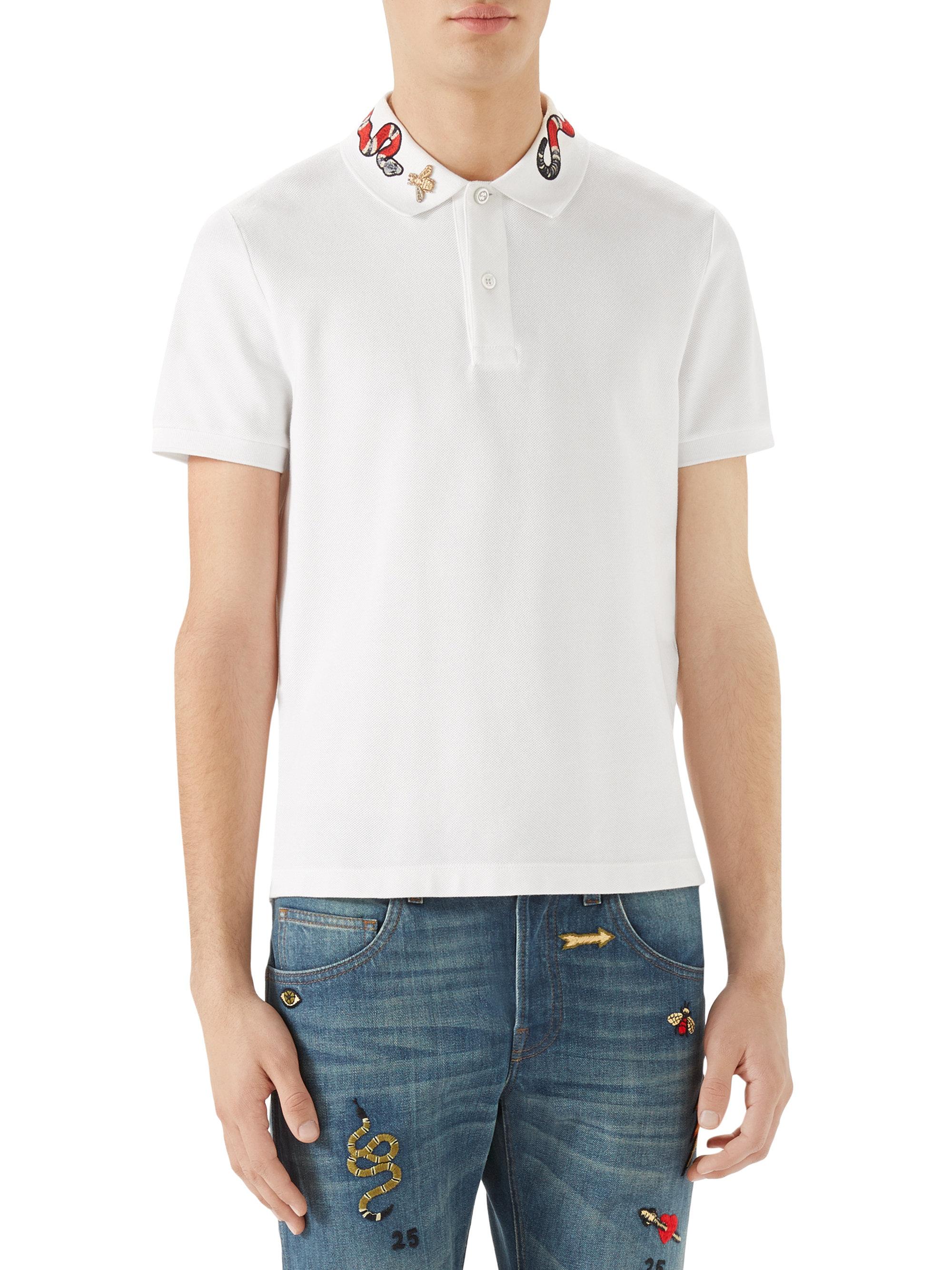 Gucci Cotton Kingsnake Embroidered Polo Shirt in White for Men - Lyst