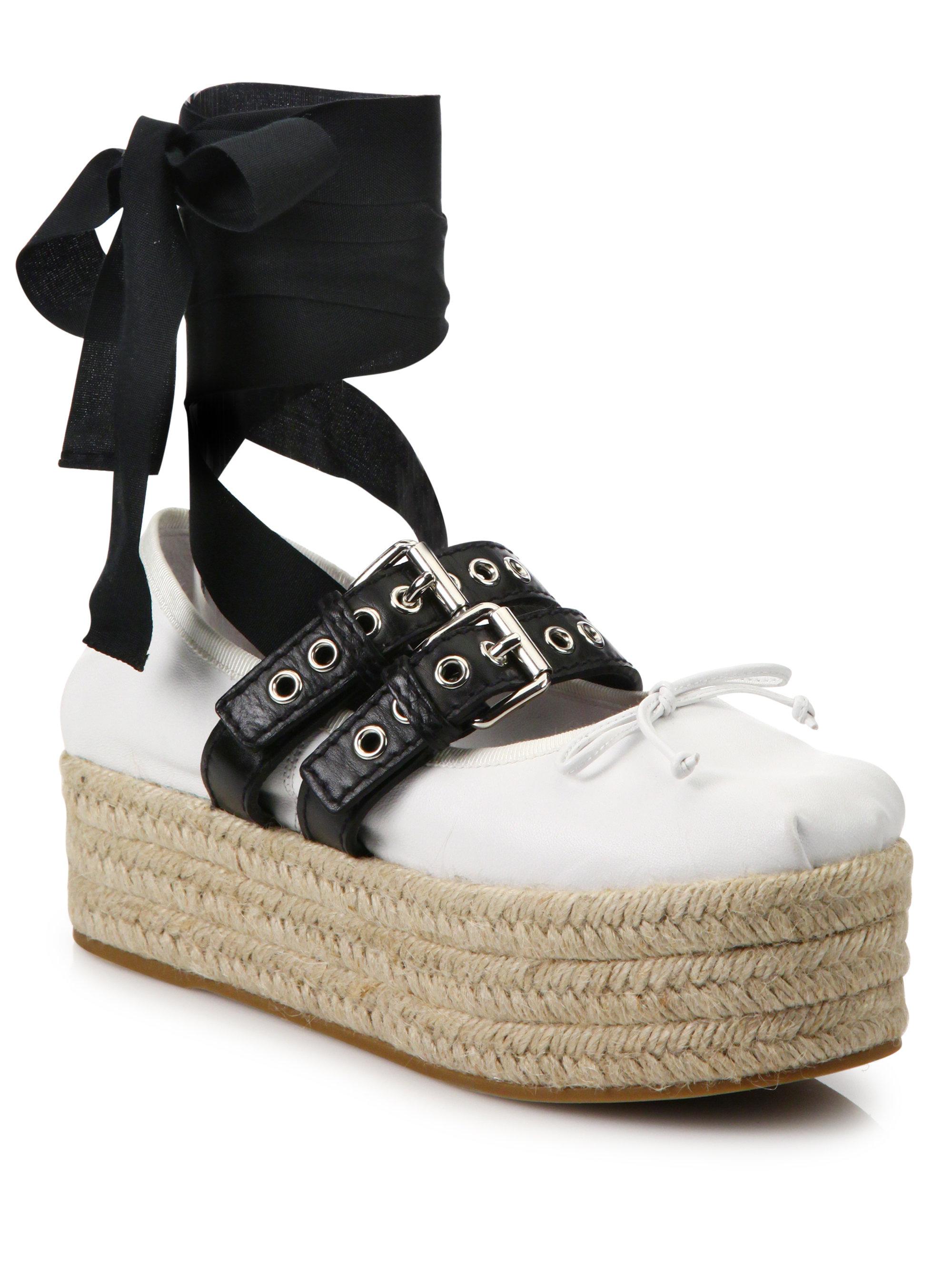 Miu Miu Leather Lace-up Platform Espadrille Ballet Flats in Black | Lyst