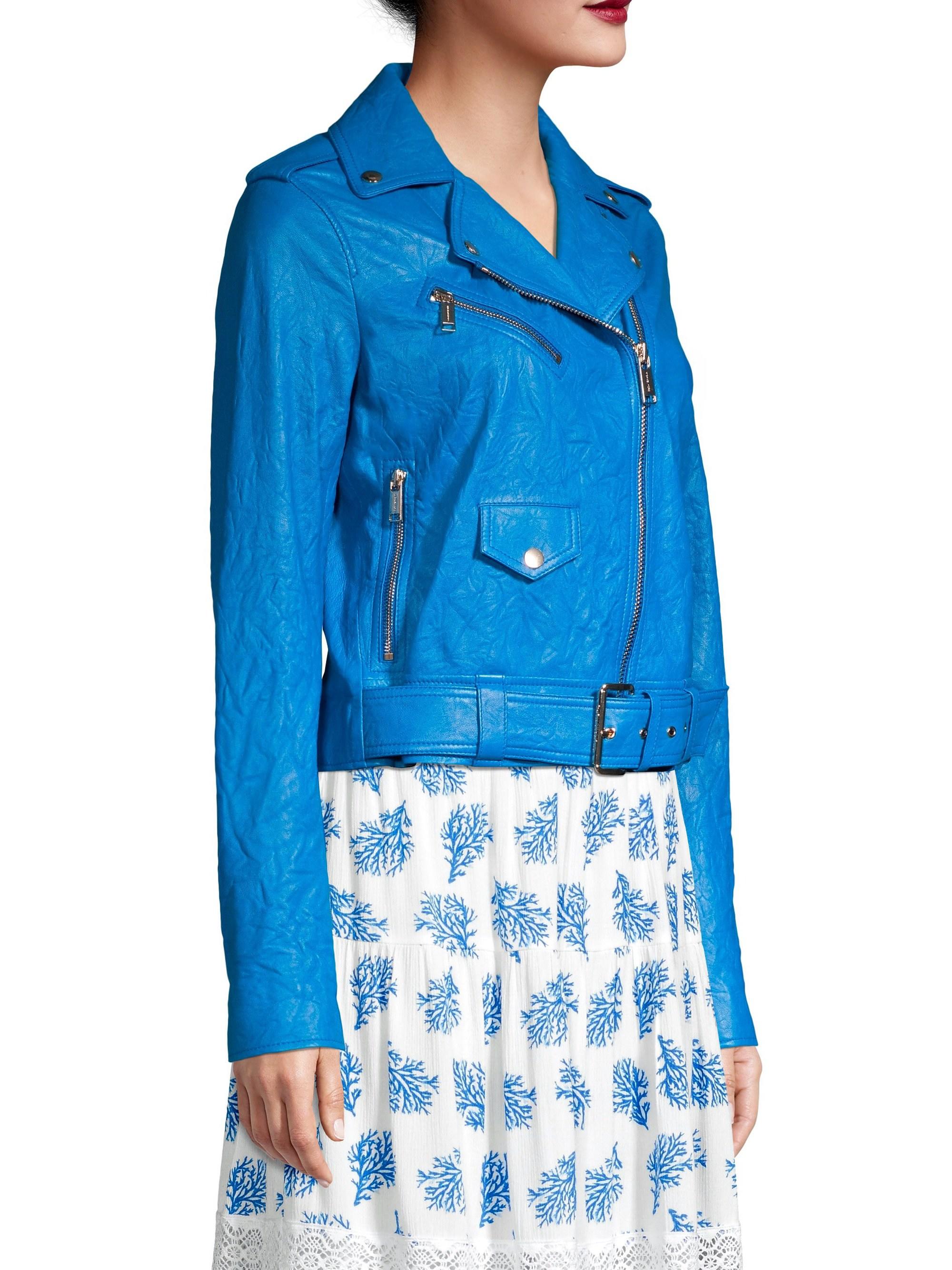Michael Kors Soft Crinkle Leather Moto Jacket in Blue | Lyst