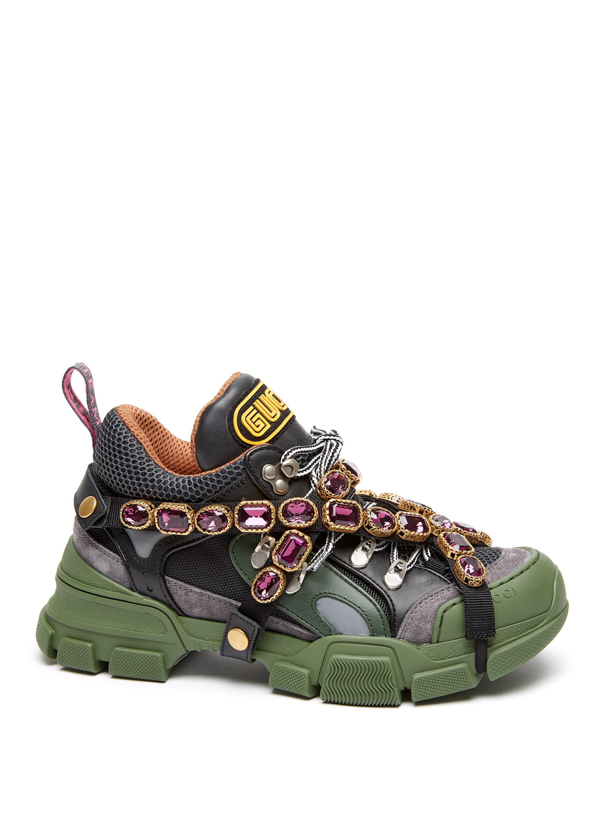 Gucci Leather Flashtrek Sneaker With Removable Crystals in Dark Green ...
