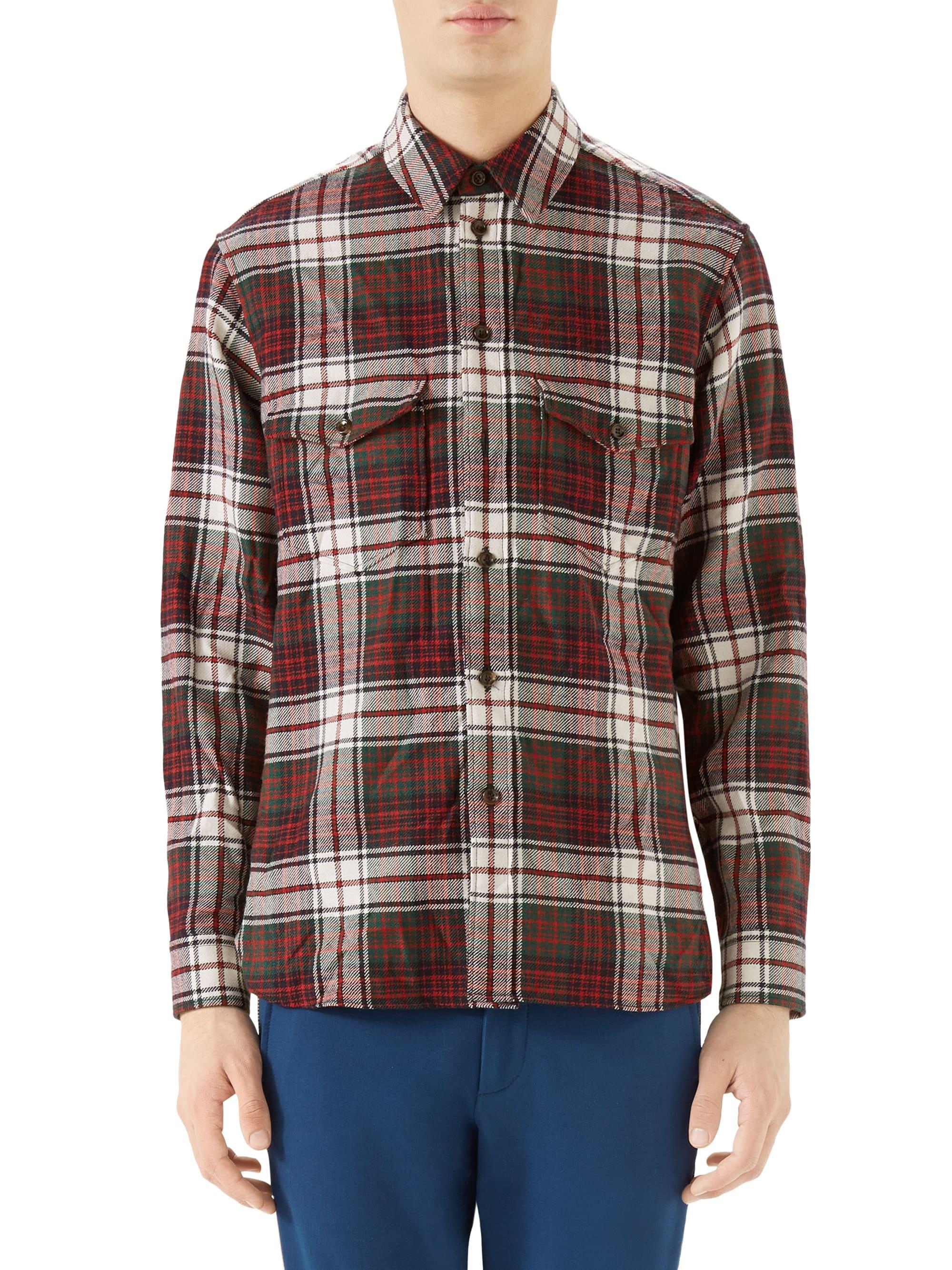 Gucci Men&#39;s Embroidered Tartan Plaid Shirt - White Red Green for Men - Lyst