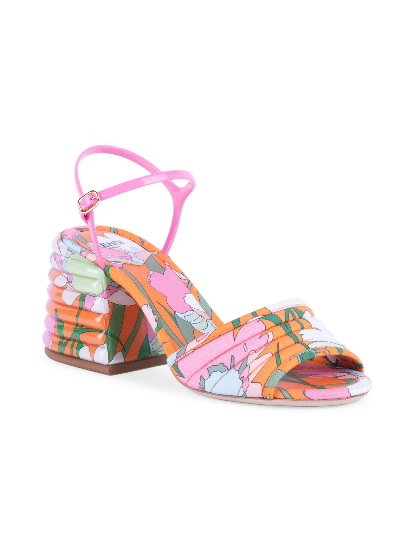 Fendi Cotton Floral-print Block-heel Sandals in Pink - Lyst