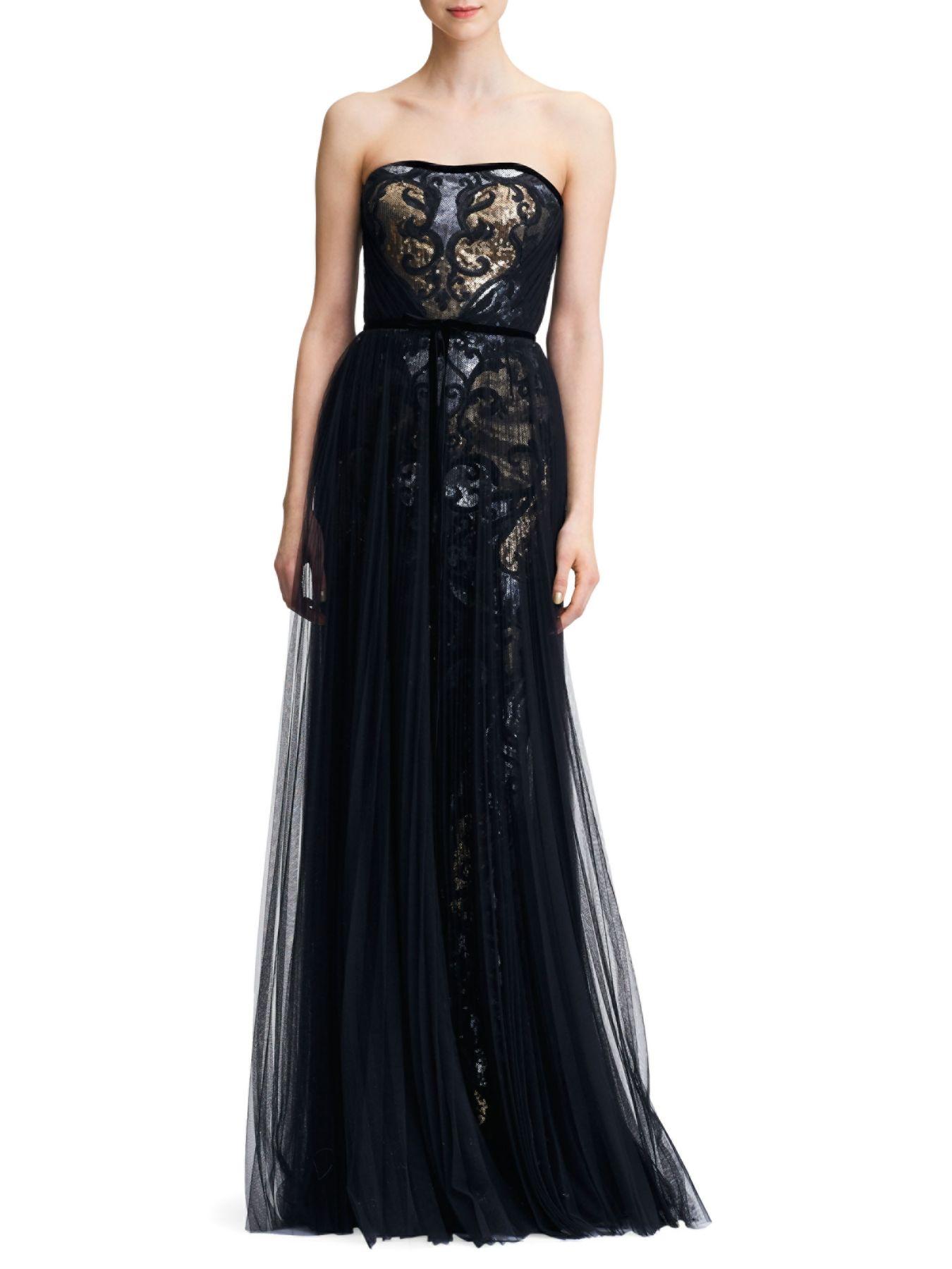 marchesa notte black and gold gown