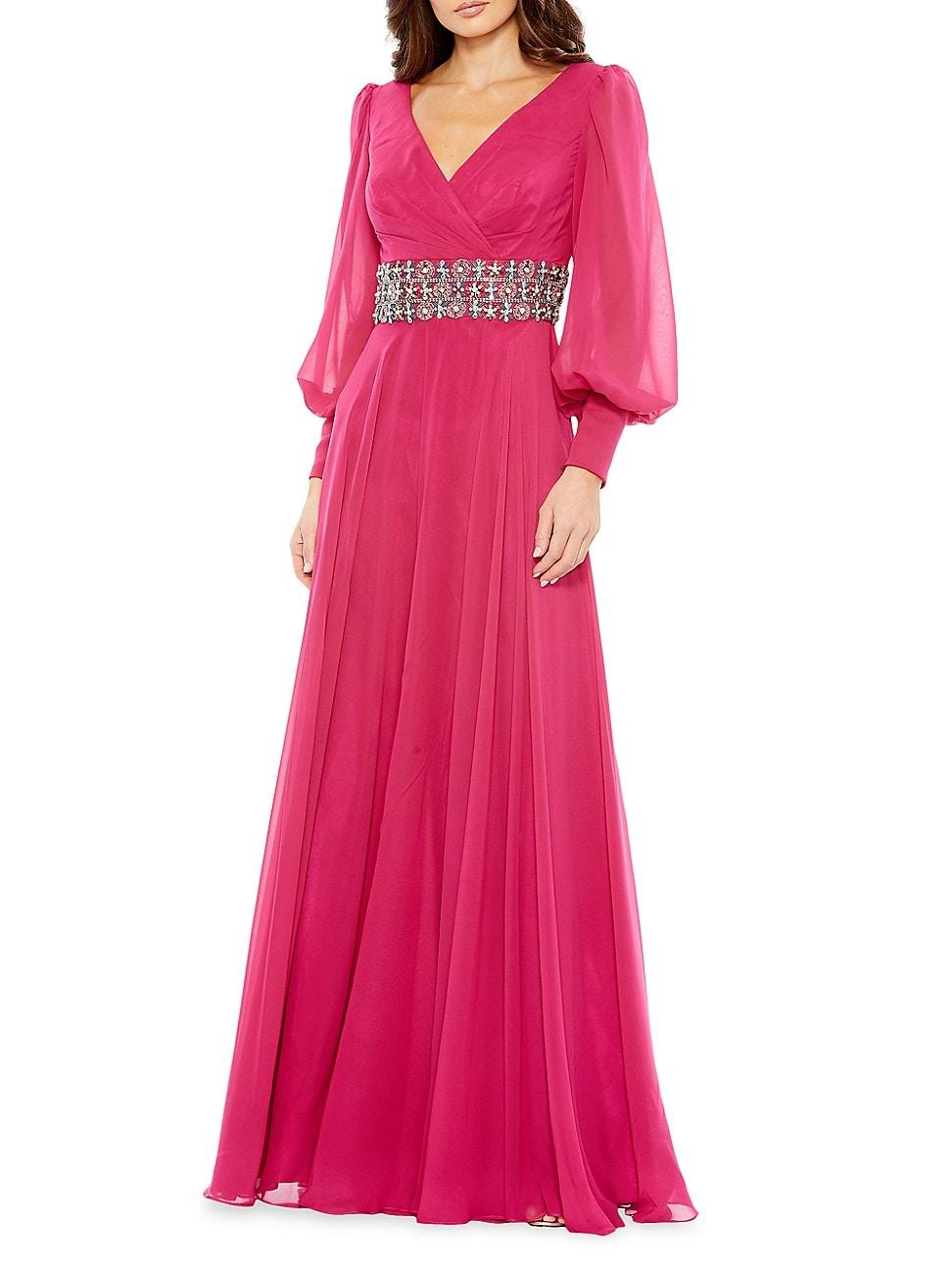 Mac Duggal Bishop-sleeve Wrap Belted Flowy Gown in Pink | Lyst
