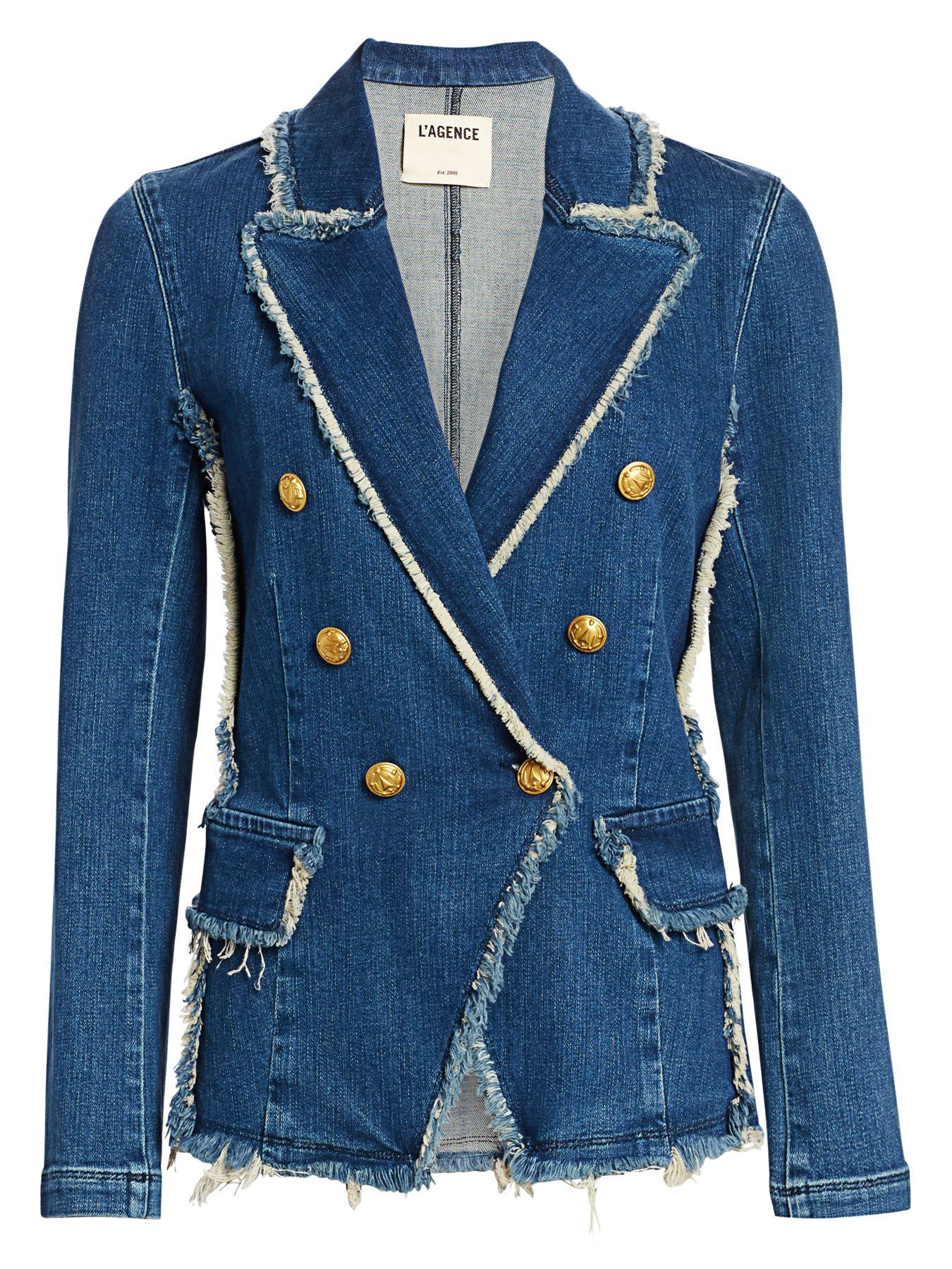 L'Agence Kaydence Double-breasted Frayed Denim Blazer in Blue - Save 30 ...