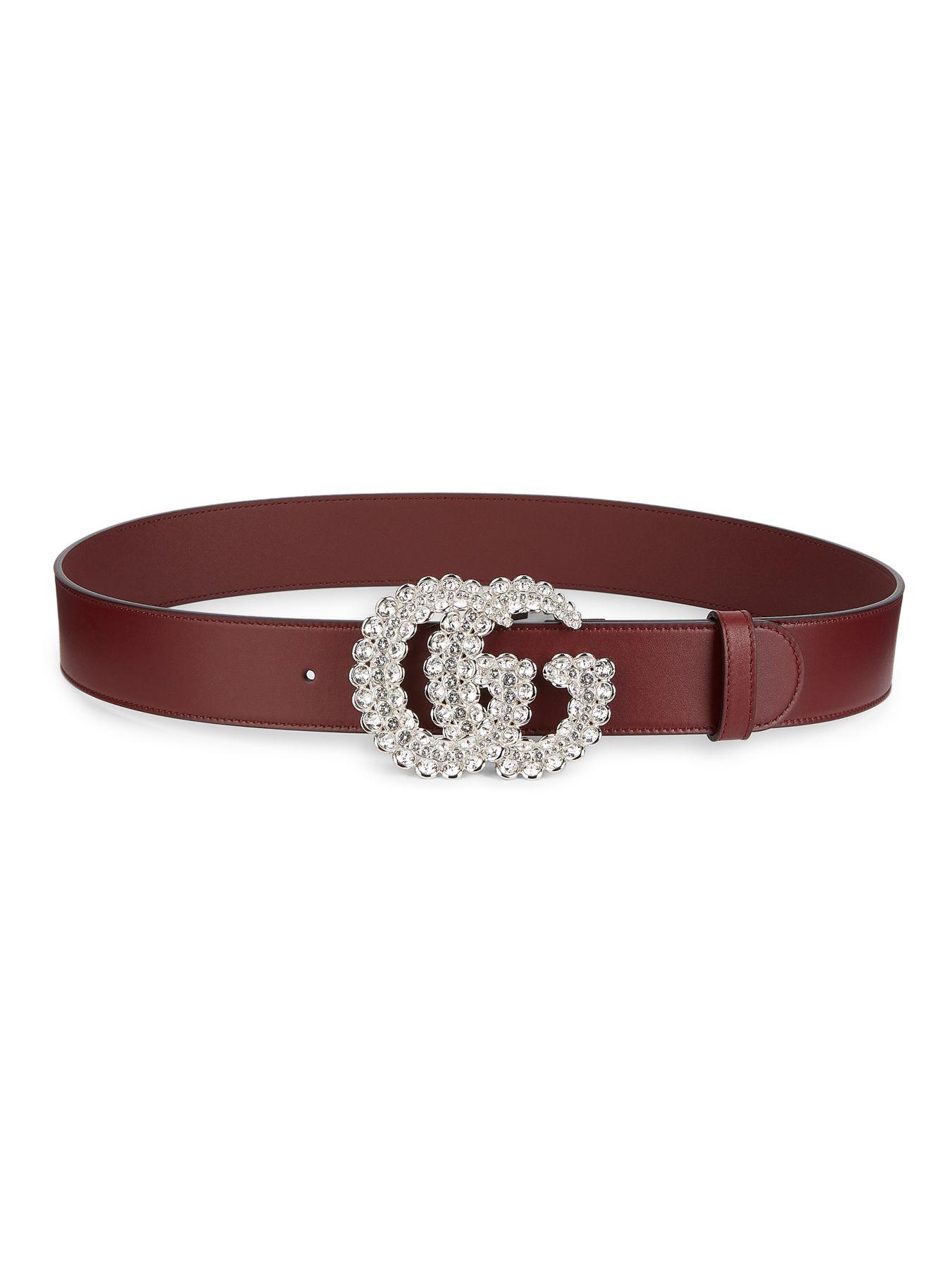 Gucci Leather Belt W/ Double G Crystal Buckle in Bordeaux Crystal (Red) - Lyst