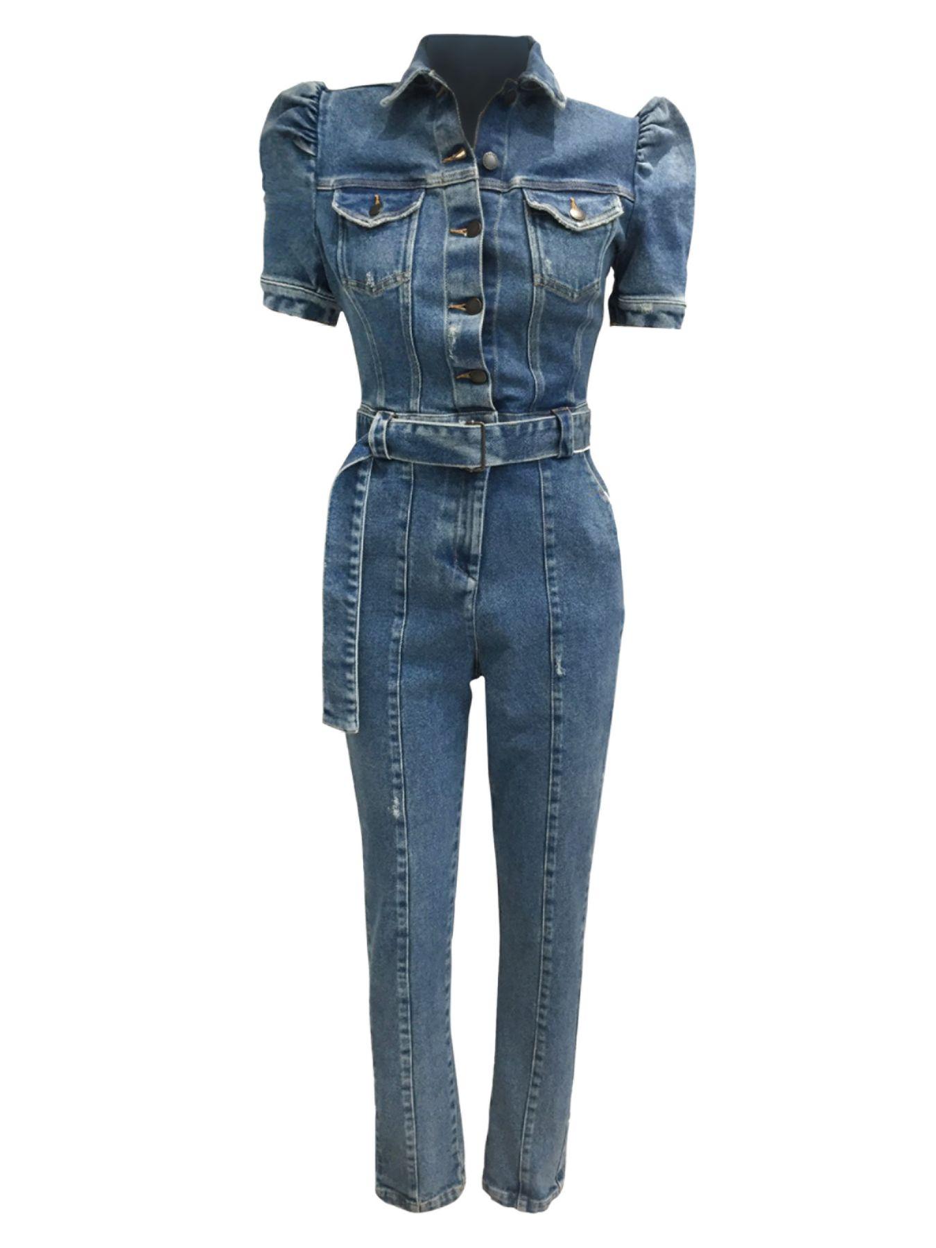 puff sleeve denim jumpsuit