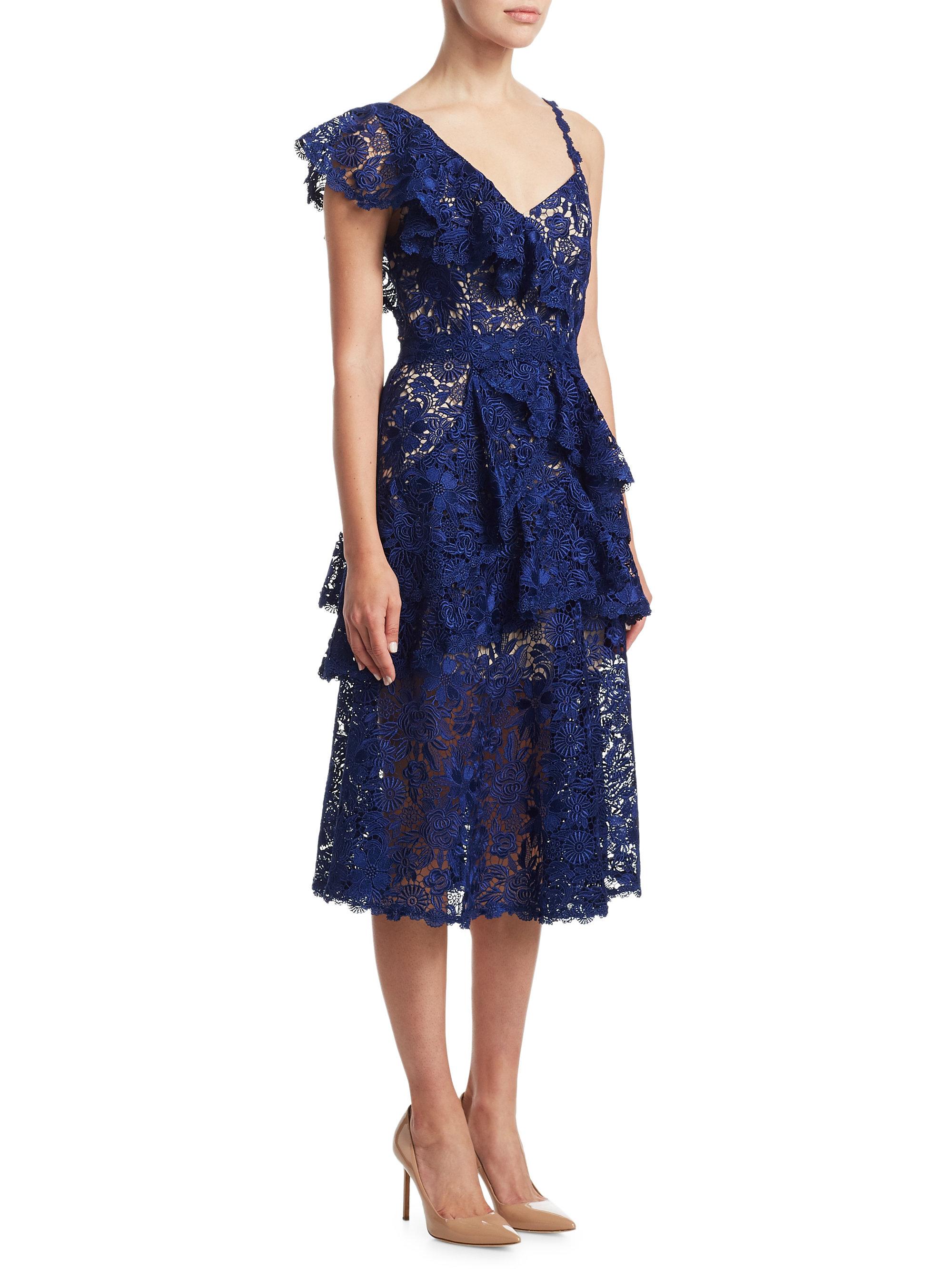 Alice + Olivia Florrie Ruffle Lace Dress in Indigo (Blue) - Lyst