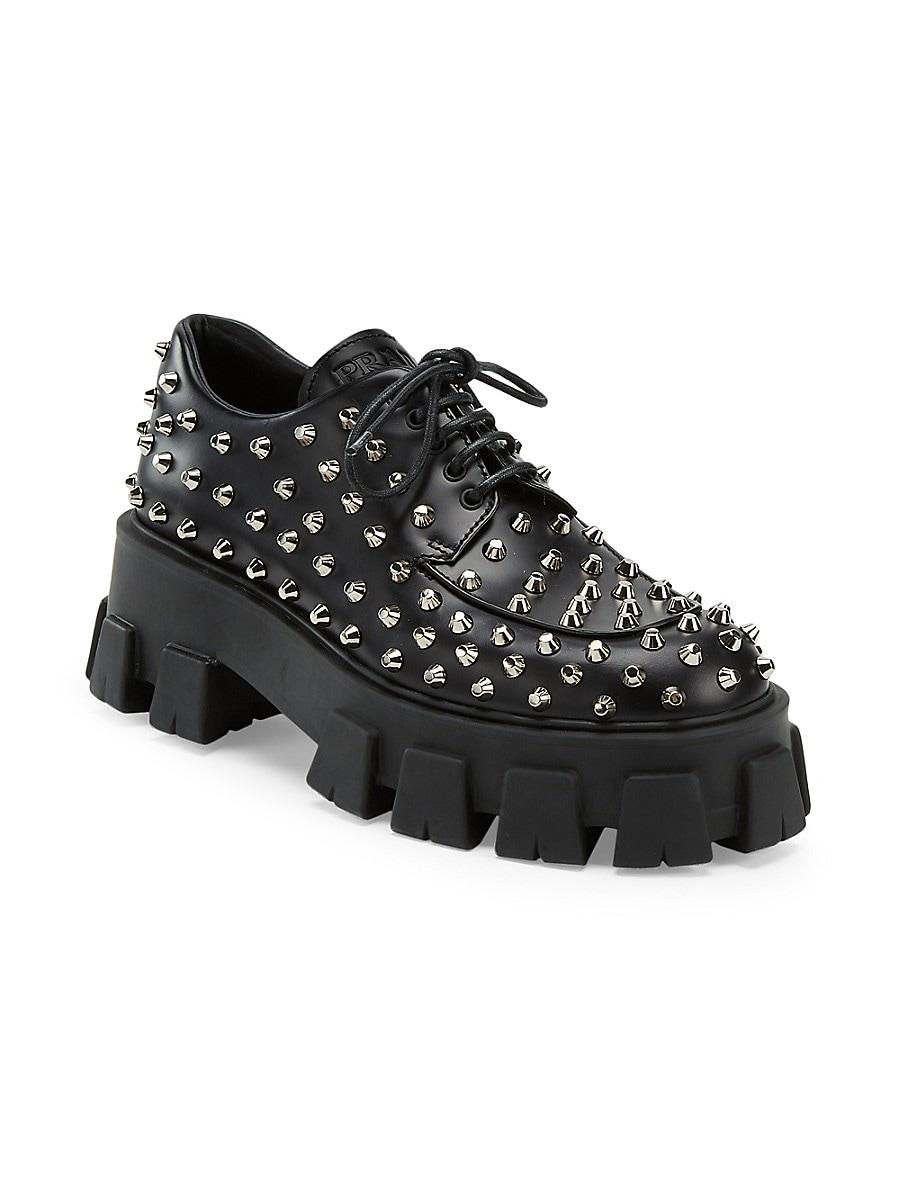 Prada Studded Leather Derby Shoes in Black | Lyst
