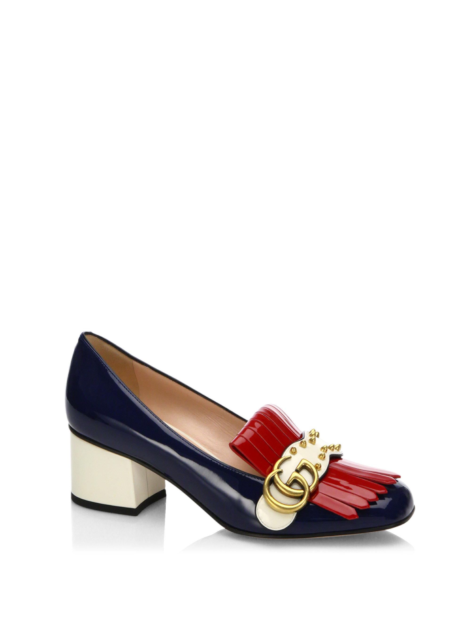 Gucci Marmont Gg Studded Tri-tone Patent Leather Loafer Pumps in Blue | Lyst