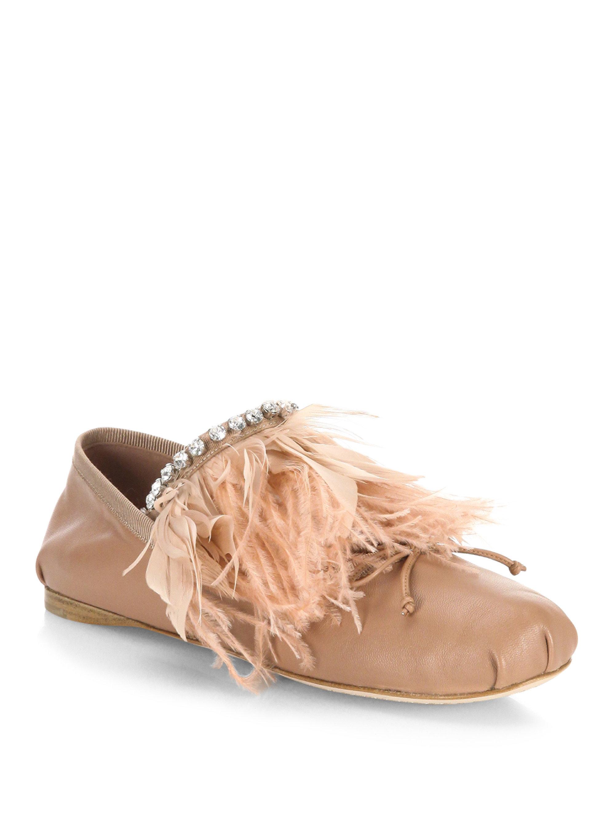 Miu Miu Feather-trim Leather Ballerina Flats | Lyst