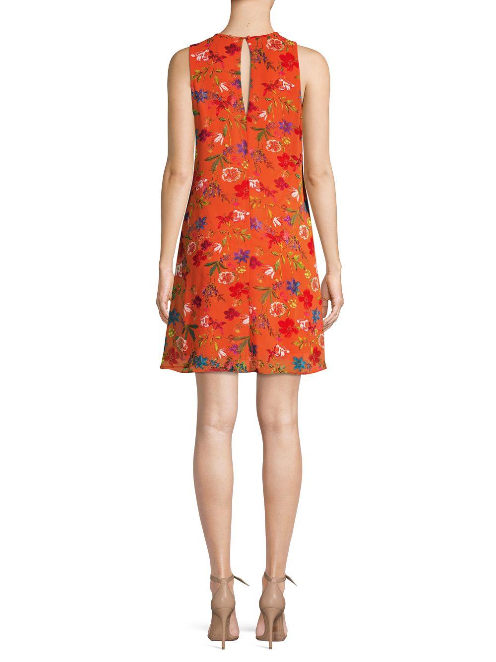 Calvin Klein Floral Chiffon Shift Dress in Red - Lyst