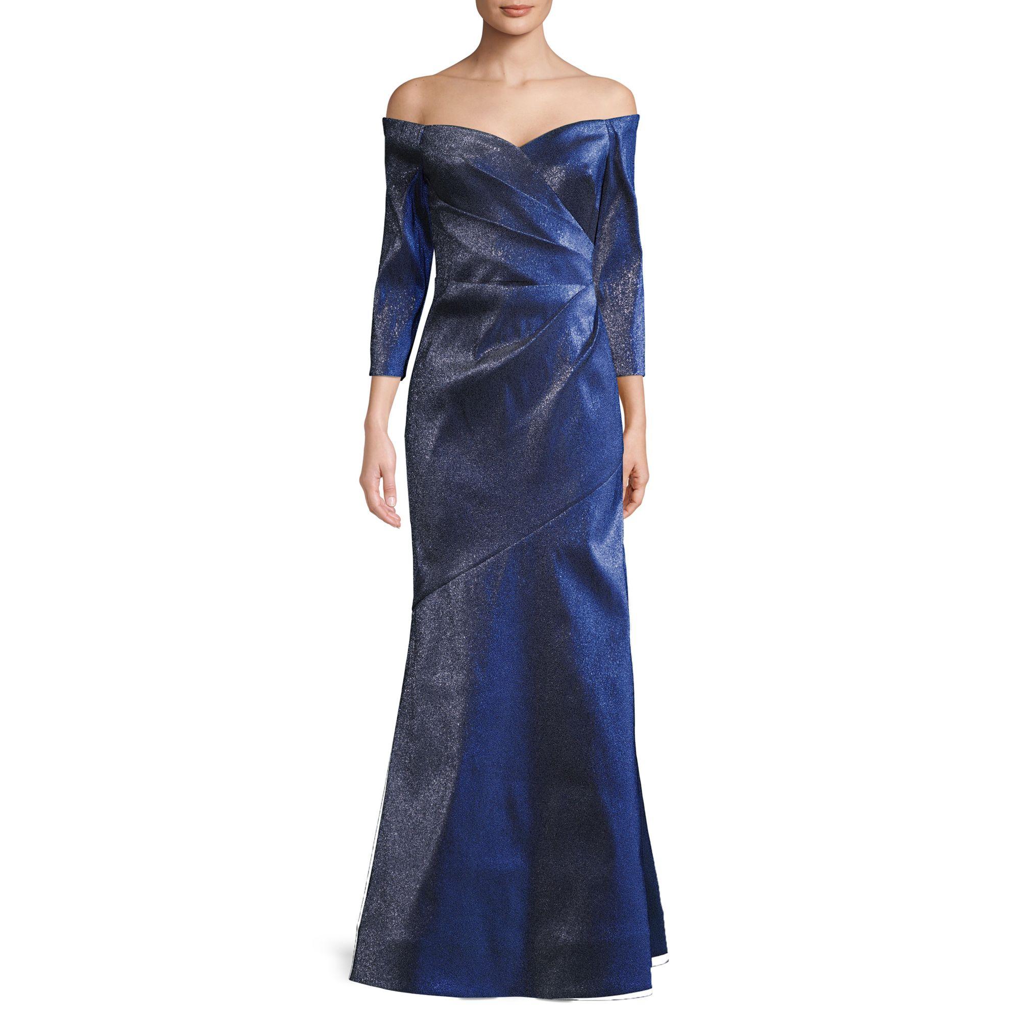 THEIA Synthetic Pleated Off-the-shoulder Gown in Sapphire (Blue) - Lyst