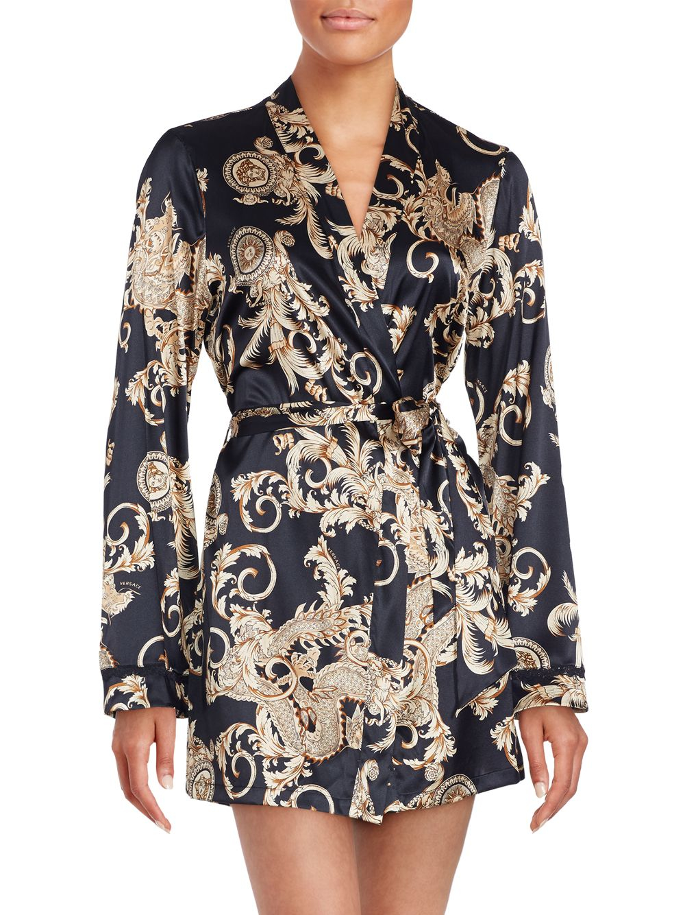 Versace Printed Silk Blend Robe in Black | Lyst