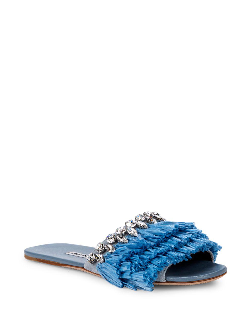 Miu Miu Suede Crystal-embellished Fringed Leather Slides in Blue - Lyst