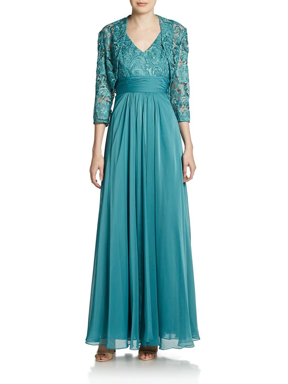 Adrianna Papell Lacechiffon Empire Gown Shrug in Green - Lyst