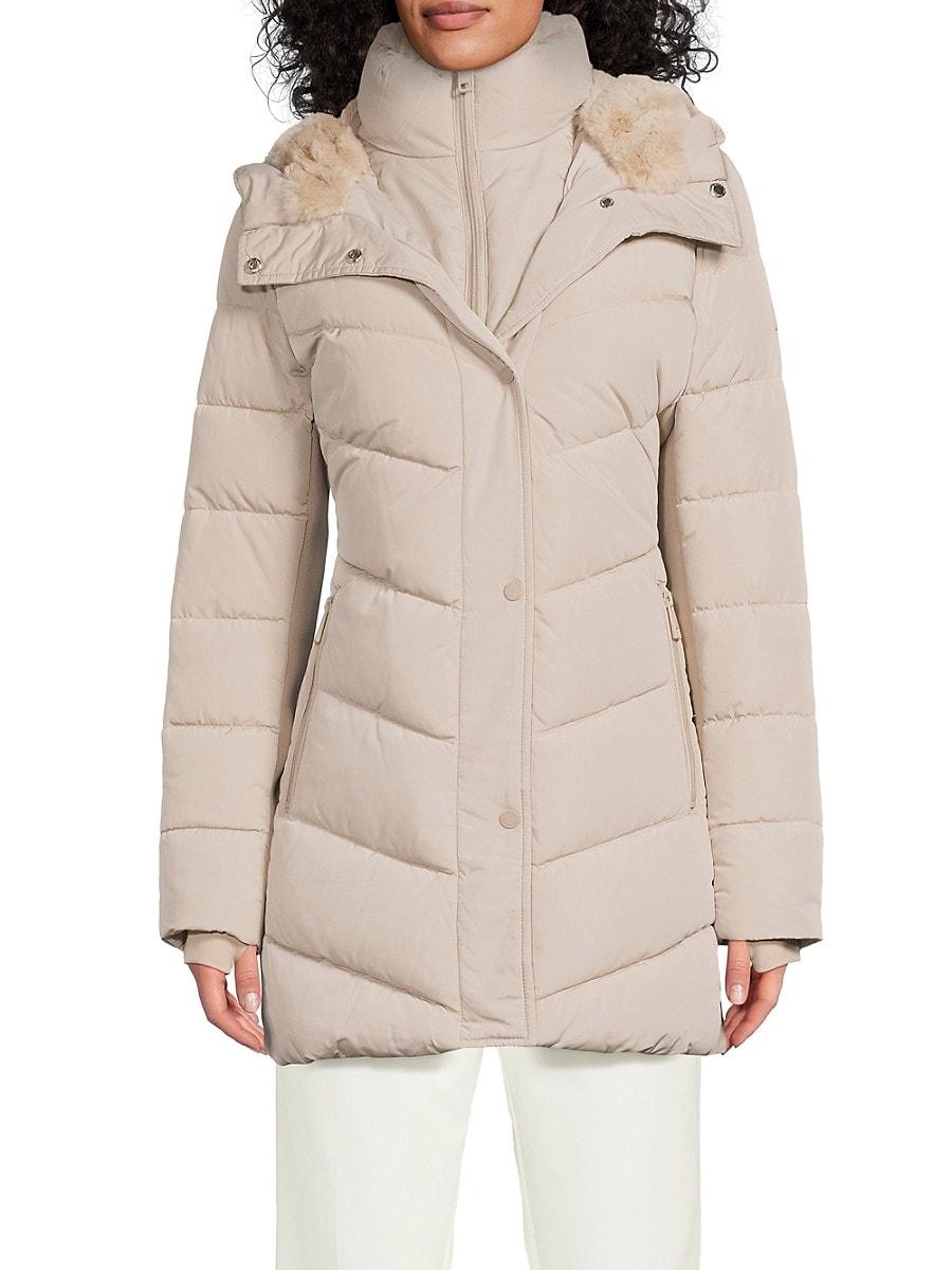 Calvin Klein Faux Fur-Trim Quilted Long Puffer Coat in Natural