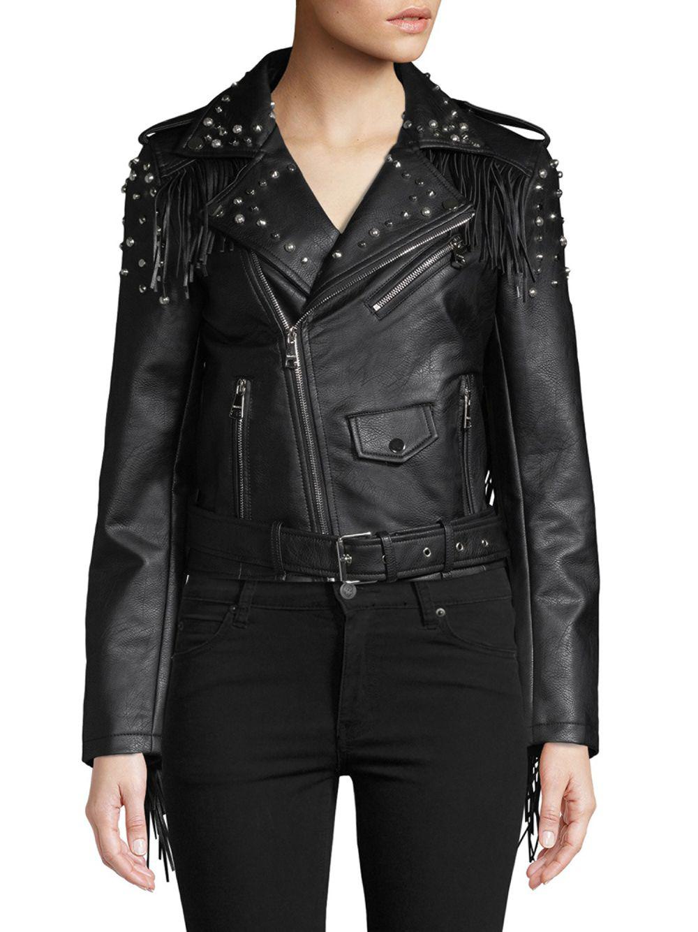 Vigoss Studded Fringe Faux-leather Jacket in Black - Lyst