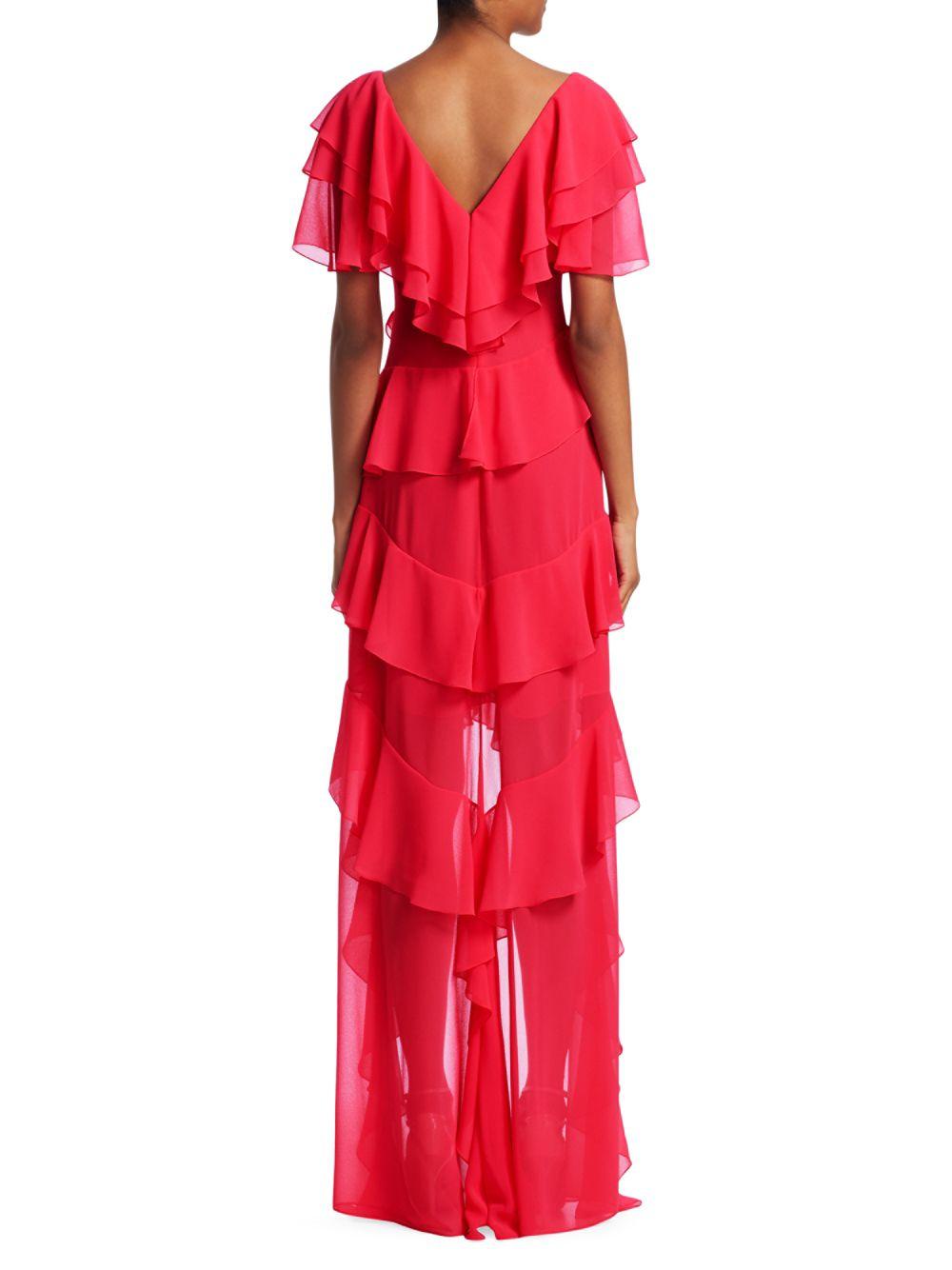 Badgley Mischka Ruffled High-low Dress in Red | Lyst