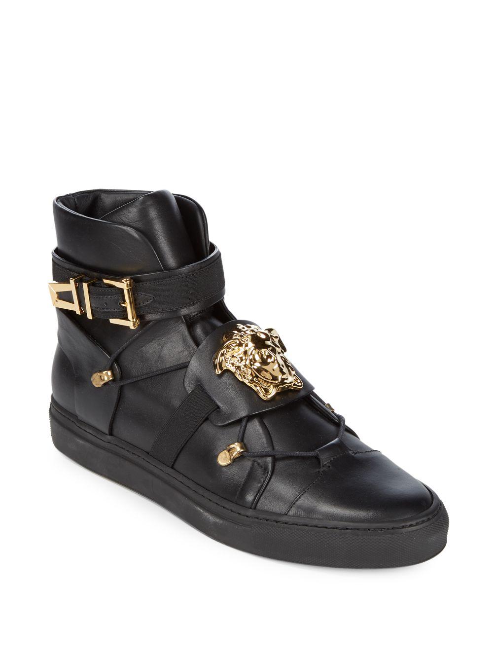Versace Vitello Leather Sneakers in Black | Lyst