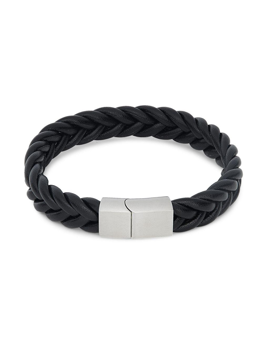 Saks Fifth Avenue Stainless Steel & Leather Braided Bracelet in Black for Men - Lyst