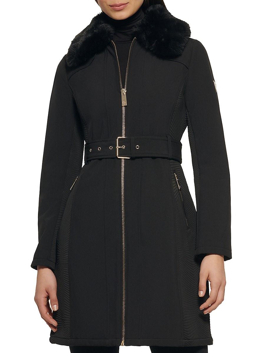 Guess Faux Fur Collar Belted Car Coat in Black | Lyst UK