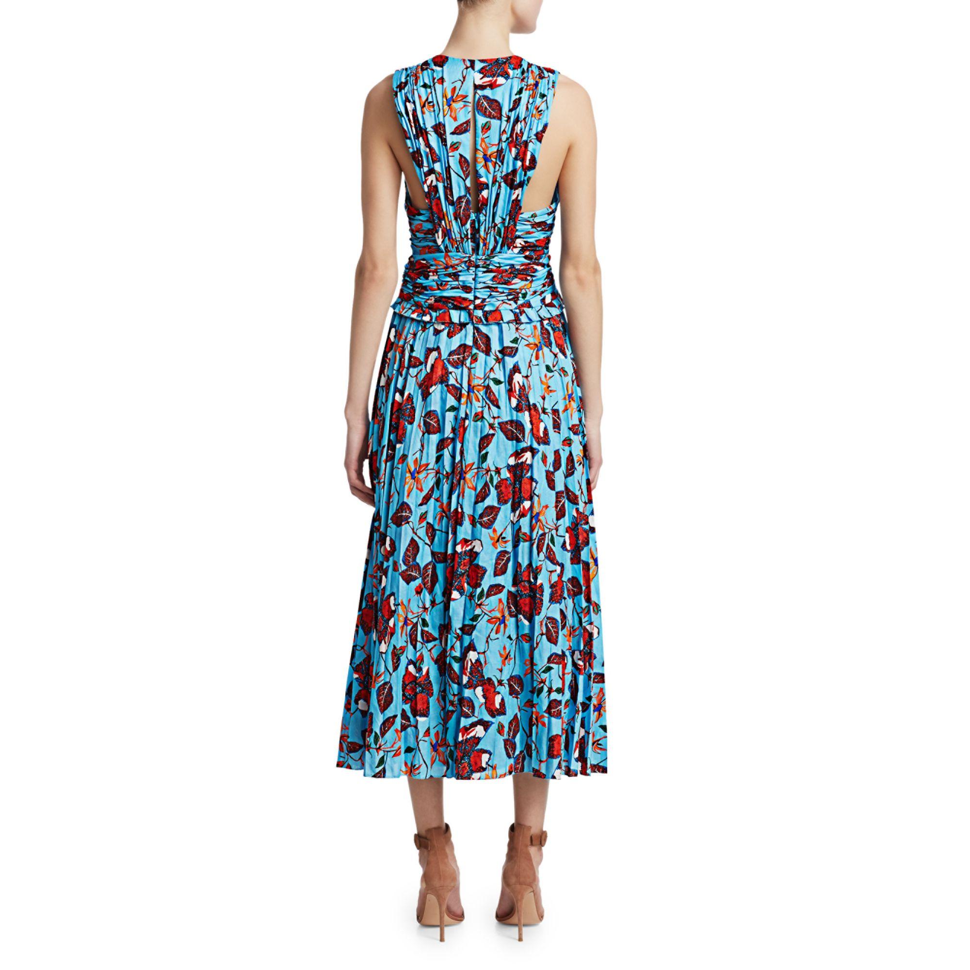 Derek Lam Cotton Floral Pleated Maxi Dress in Blue - Lyst