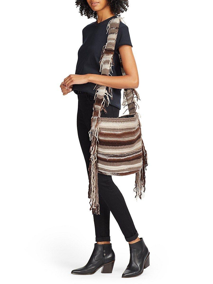 Large Hobo Shoulder Bag in Native Wool and Leather Fringe 