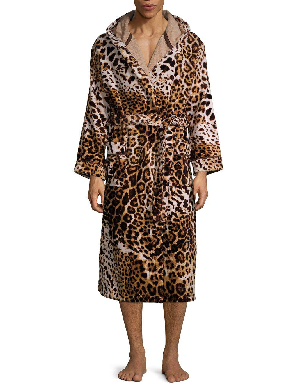 Details about   Roberto Cavalli terry bathrobe with hood Snow Leopard Gold 