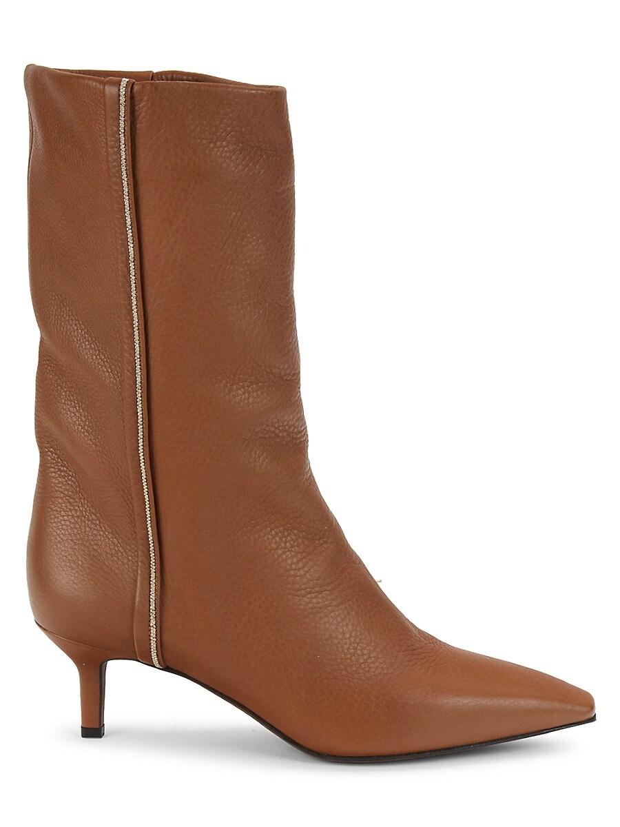 Brunello Cucinelli Grain Leather Kitten Heel Mid-calf Boots in Brown | Lyst