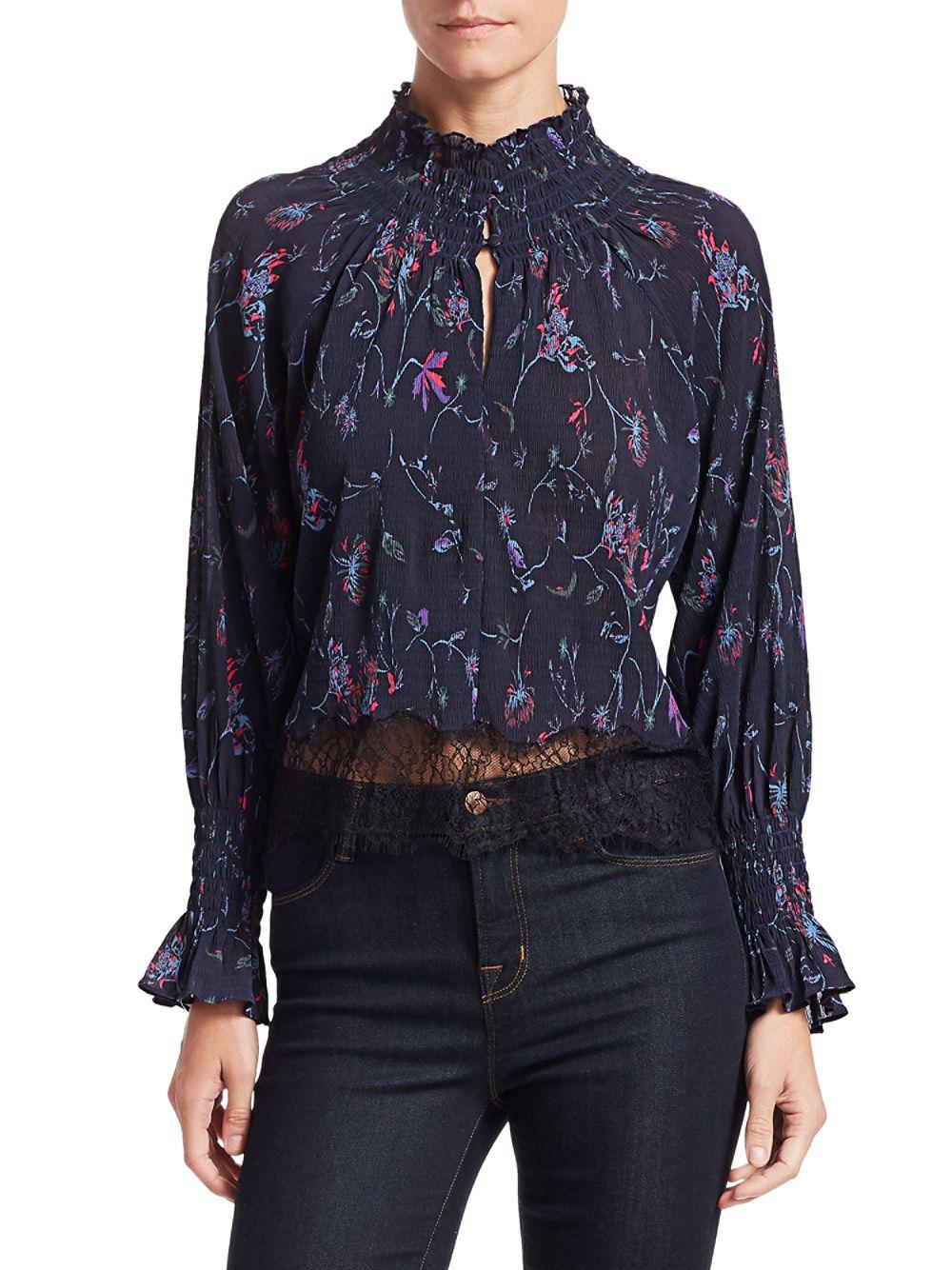 Tanya Taylor Synthetic Nyssa Floral Vines Lace-trim Blouse in Navy ...