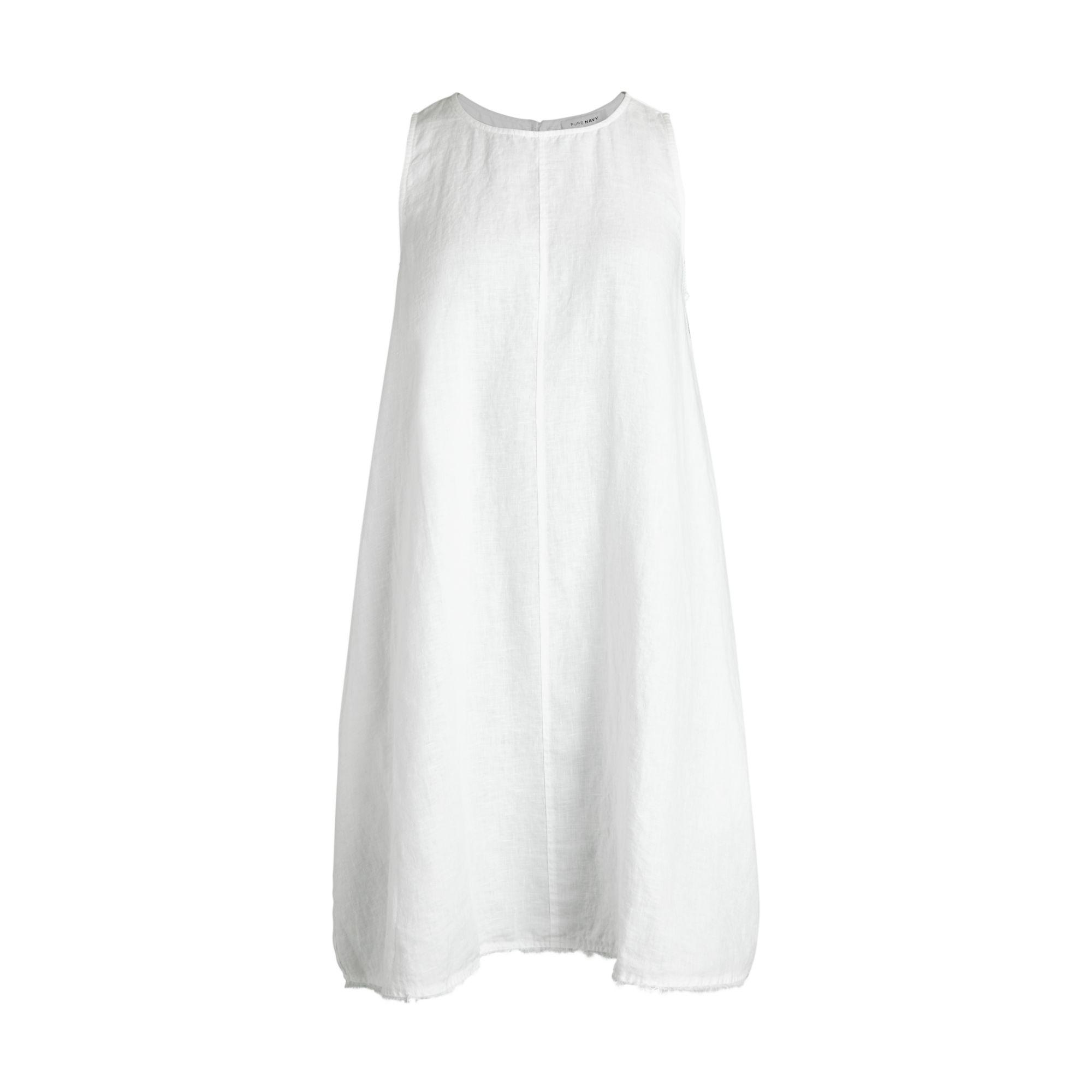 Pure Navy Linen Trapeze Dress in White 